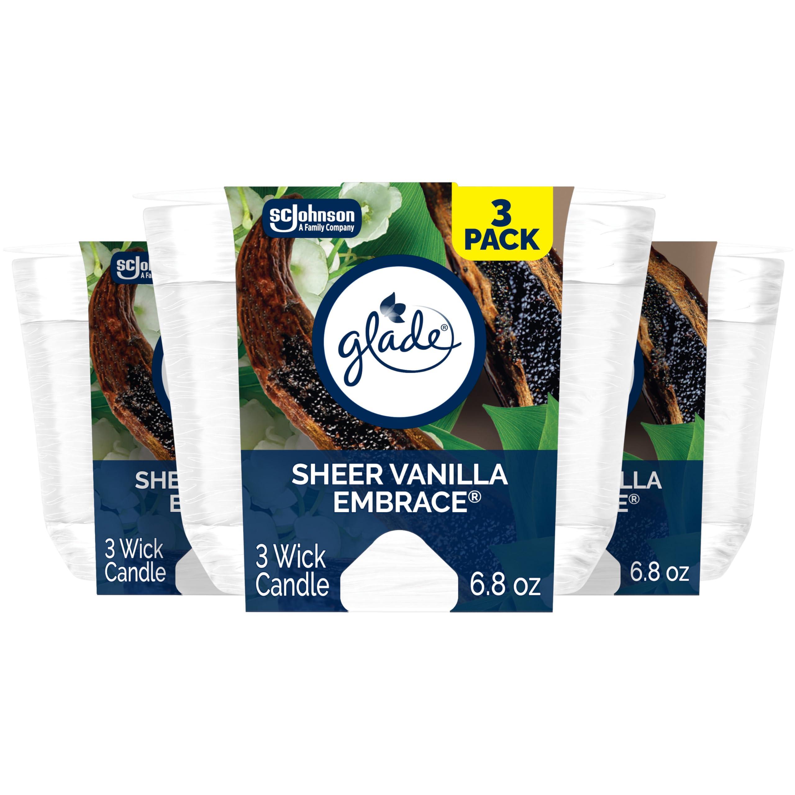 Glade Sheer Vanilla Embrace 3-Wick Fragrance Candle, Essential Oil Infused, Air Freshener, 6.8 Oz, 3 Count