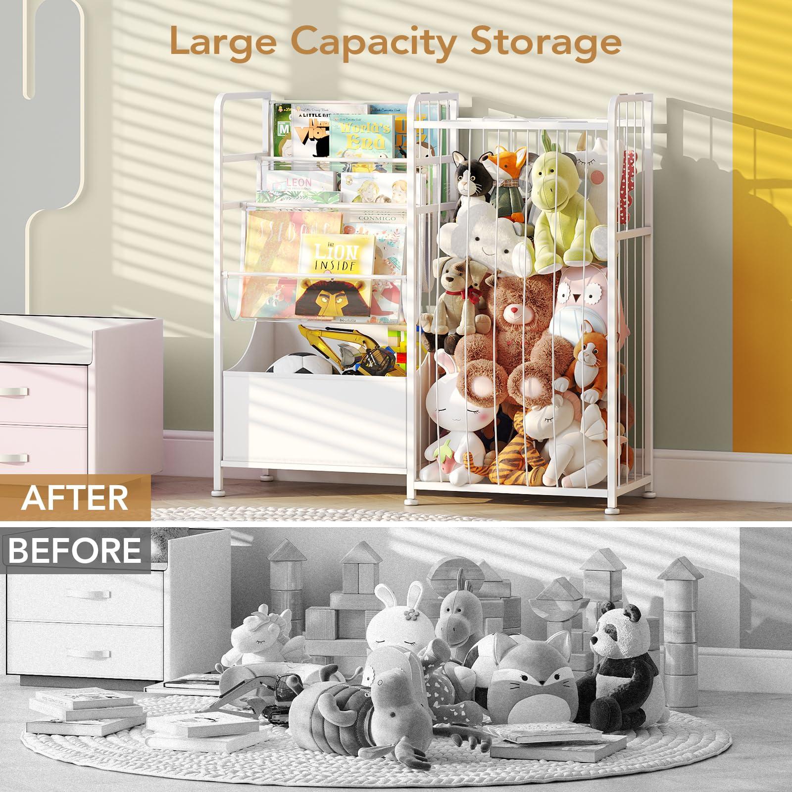 BBLIKE Kids Bookshelf and Stuffed Animal Storage - Multi-Function Nursery Book Shelves with Leather Toy Box and PVC Book Display, Toy Organizer for Playroom, Bedroom, Nursery, White - Image 4
