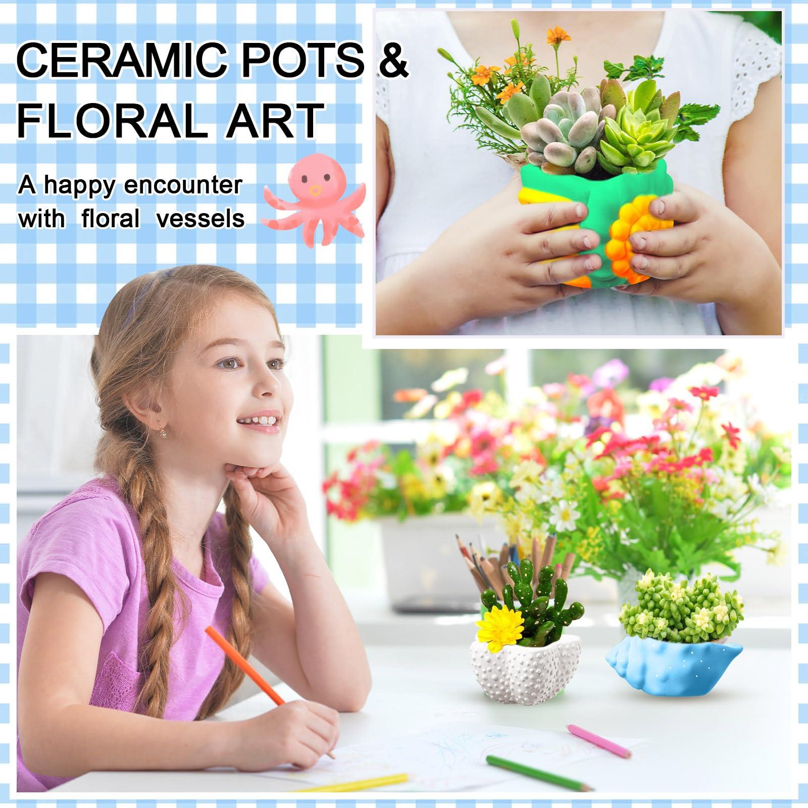 Hushee 12 Sets Ceramic Succulent Planters Paintable Succulent Plant Pots Small DIY Figurines Unpainted Pots with Drainage Hole Color Paints Paintbrushes Palettes(Sea Animals) - Image 5