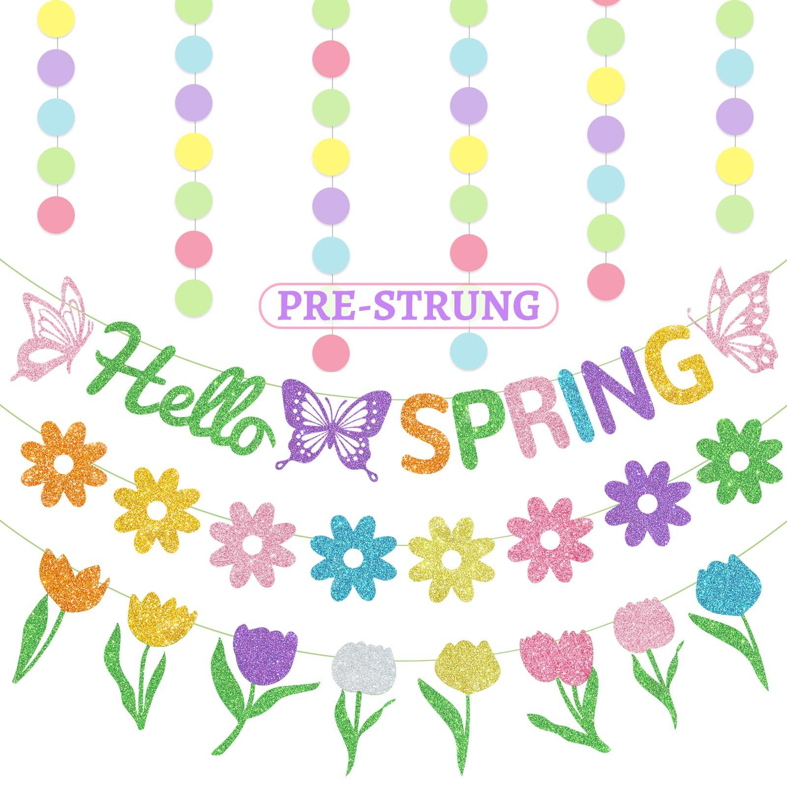 5PCS Pre-Strung Hello Spring Banner, Spring Party Decorations Spring Decorations with Hello Spring Flowers Tulips Banner Circle Garland - Spring Decorations for Office Classroom Easter Party Home