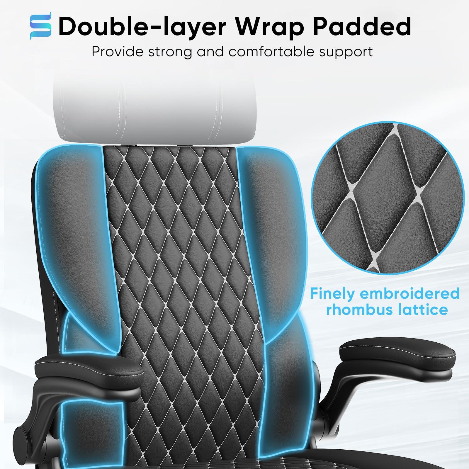Sytas Executive Leather Office Chair, Comfy Desk Chair with Adjustable Headrest & Flip-up Padded Arms & Lumbar Support, Adjustable Hight and Tilt, Rolling Swivel Chair, Black - Image 5