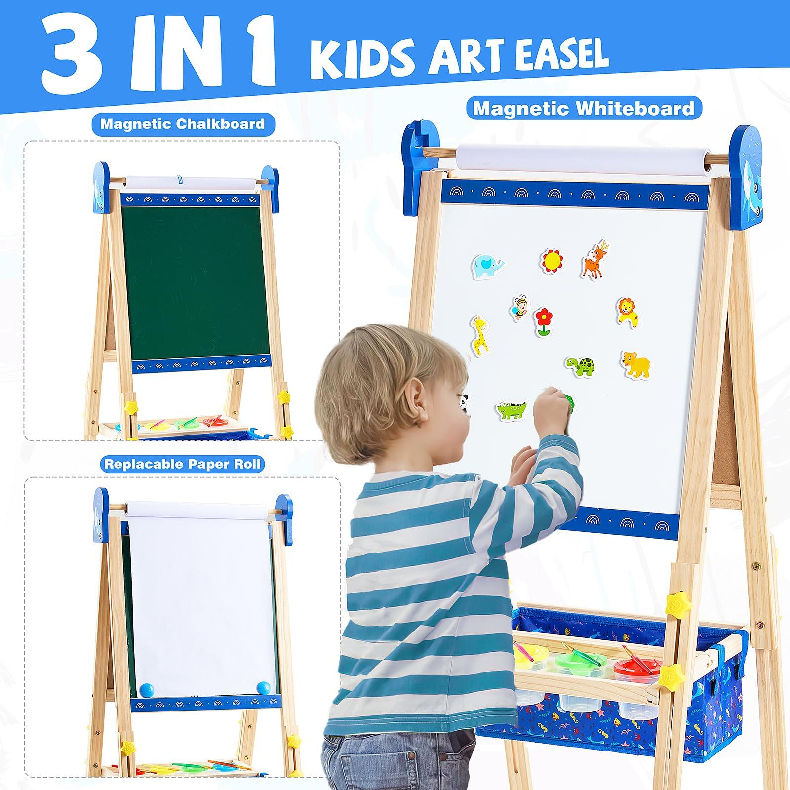 Art Easel for Kids Easels for Toddlers, Double-Sided Adjustable Magnetic Chalkboard Whiteboard, Wooden Painting Easel with Paper Roll, Foldable Standing Drawing Easel for Toddlers Boys Girls Ages 3-12 - Image 2
