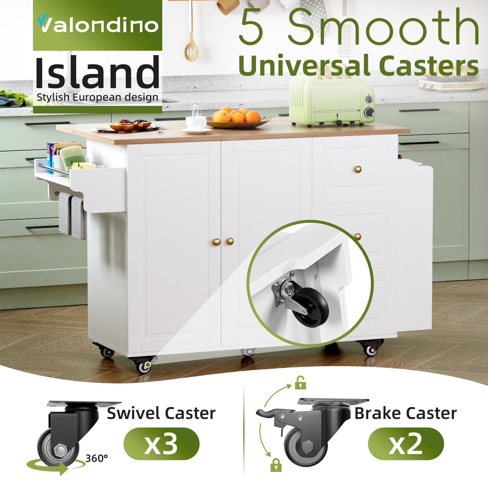 VALONDINO Kitchen Island On Wheels, Rolling Kitchen Island Cart with Drop Leaf, Storage Cabinet with 3 Drawers and Inner Adjustable Shelves, Towel Rack Spice Cart White - Image 5
