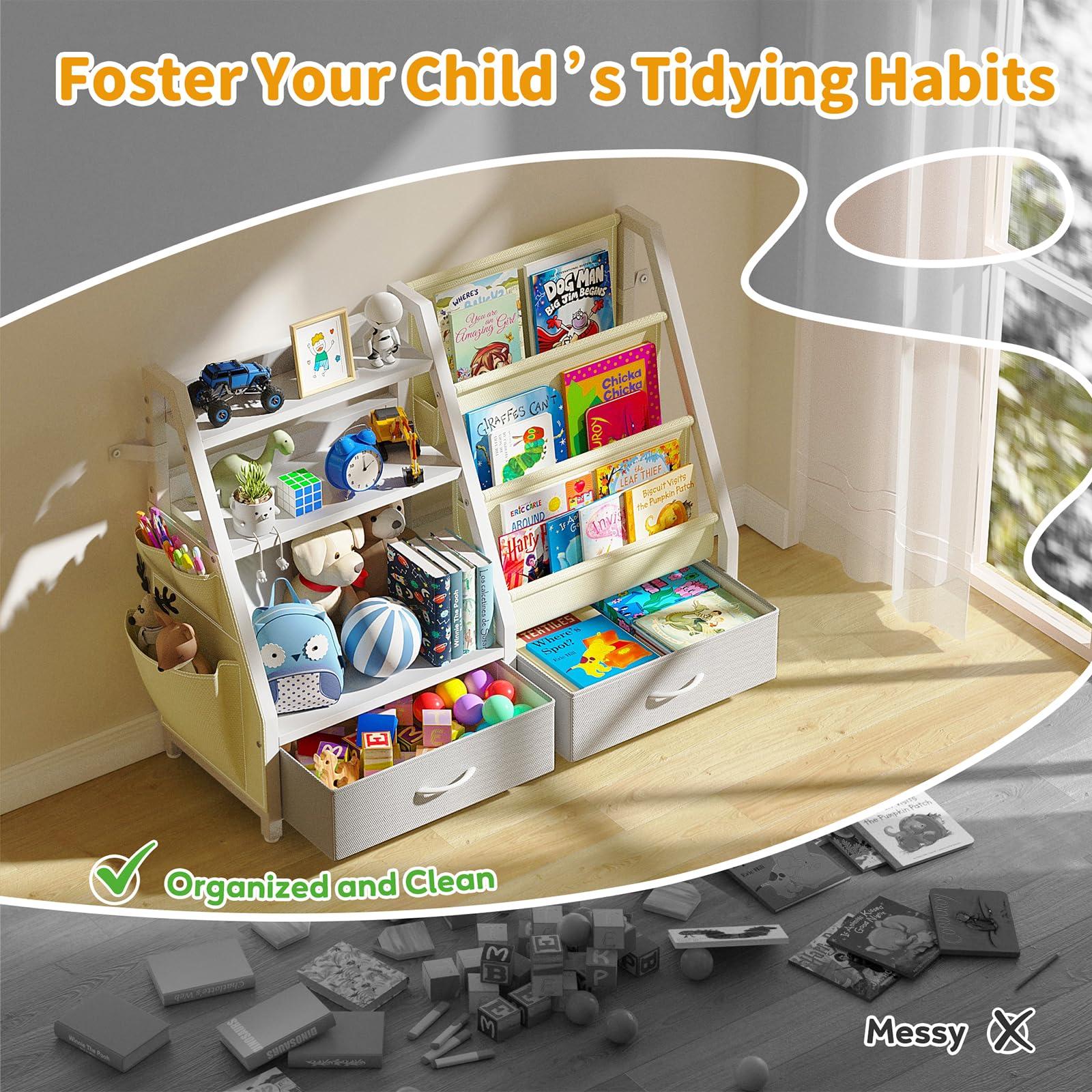 Twinkoo Kids Bookshelf and Toy Organizer, Sturdy 3 Tier Kids Bookcase, Sling Bookshelf and 2 Toy Bins, Toddler Montessori Book Shelf with Toy Storage Organizer for Children Room, Playroom, Nursery - Image 5