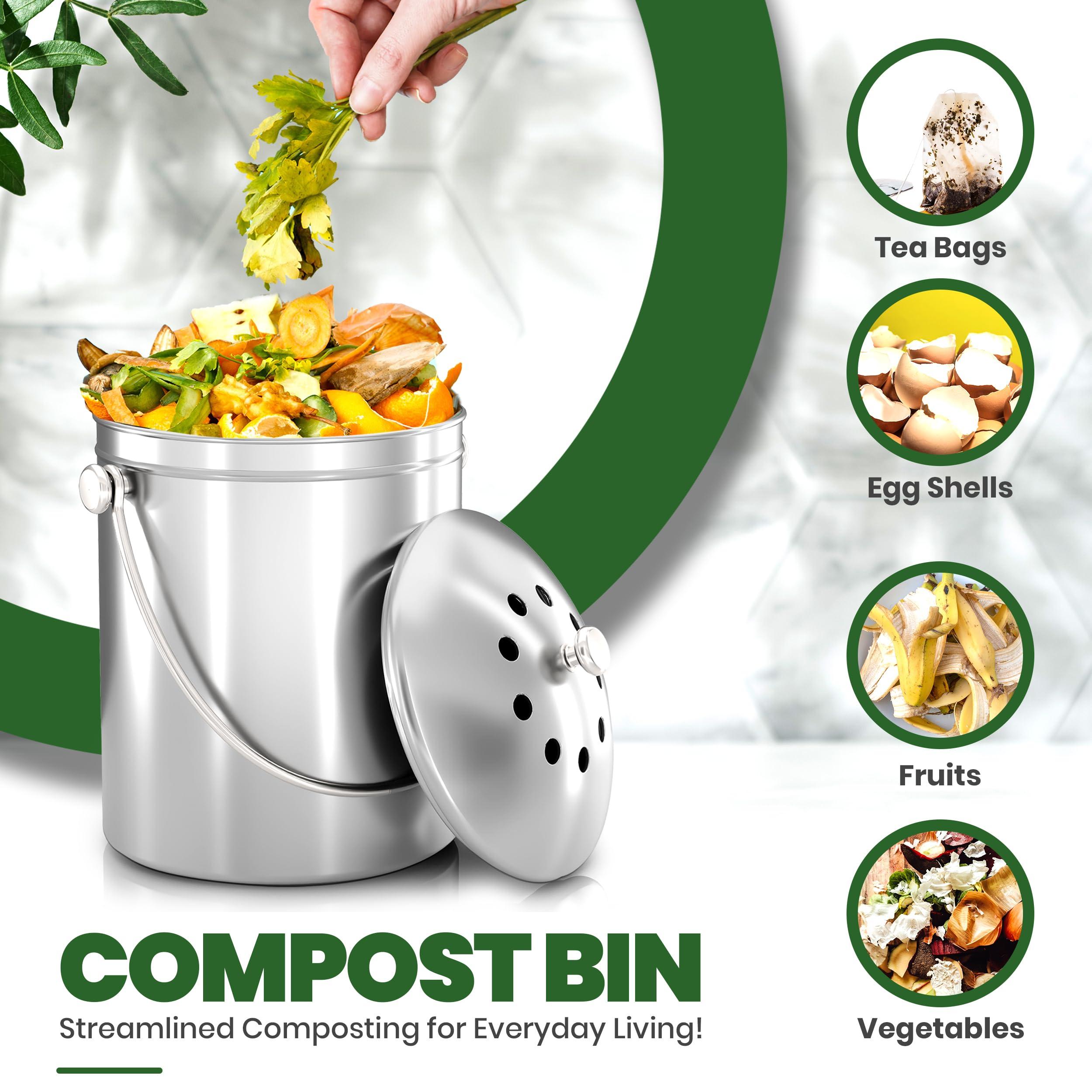 Utopia Kitchen Compost Bin for Kitchen Countertop, 1.3 Gallon Compost Bucket for Kitchen with Lid, Includes 1 Spare Charcoal Filter, Home Essentials - (Silver) - Image 4