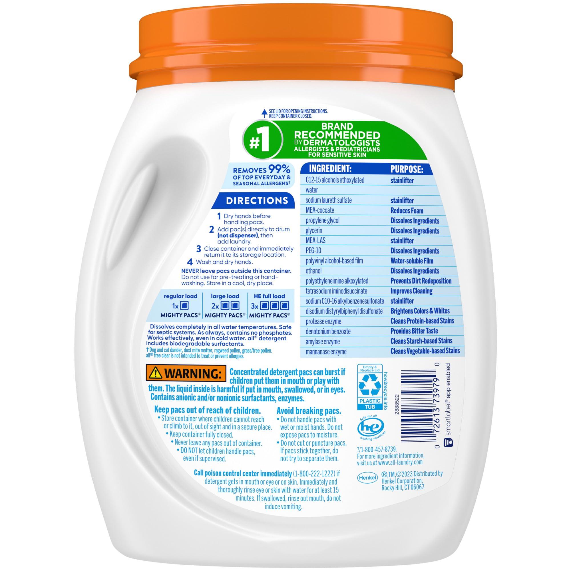 all Laundry Detergent Pacs, Mighty Pacs with OXI Stain Removers and Whiteners, Free Clear, Unscented and Dye Free, 56 Count - Image 2