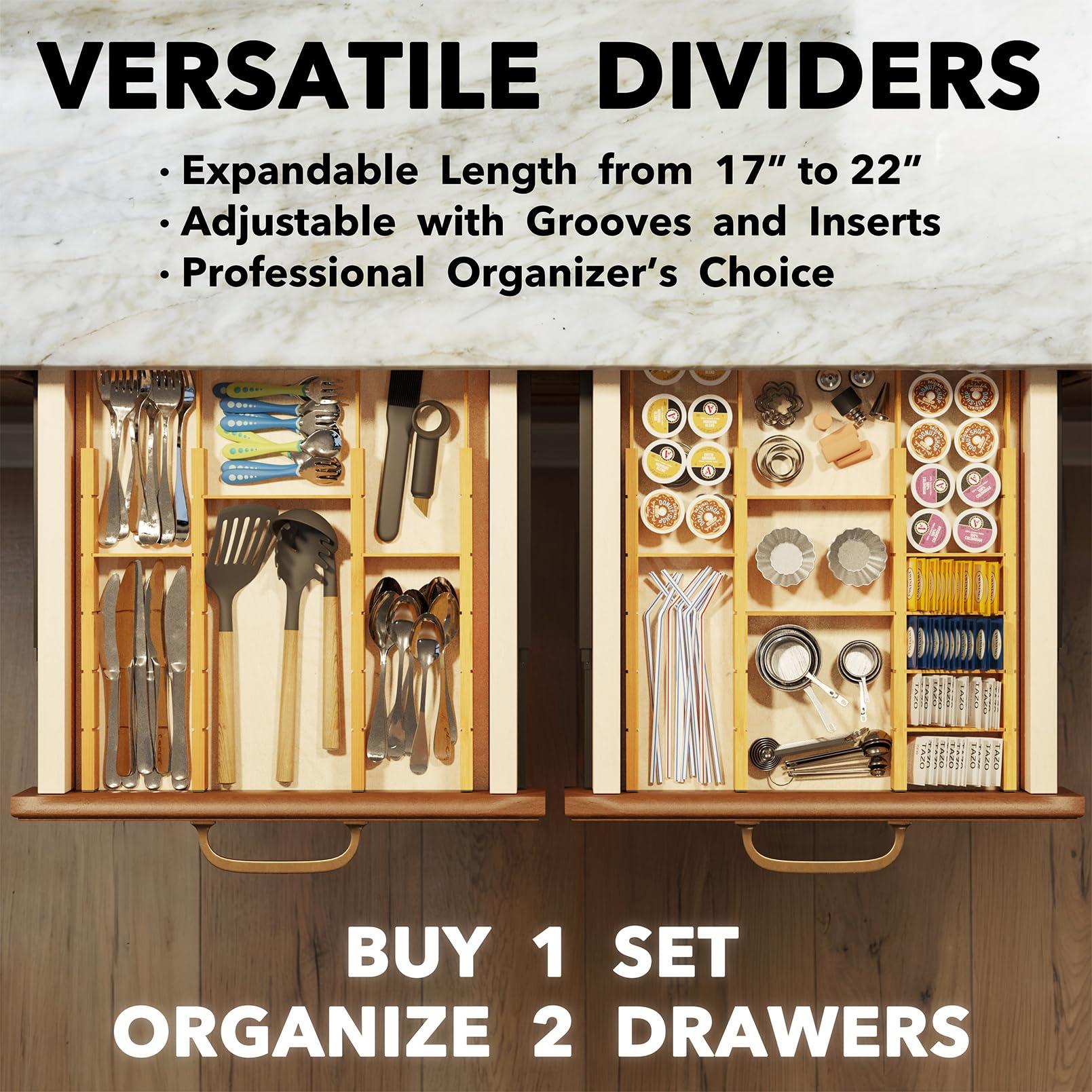 SpaceAid Bamboo Drawer Dividers with Inserts and Labels, Kitchen Adjustable Drawer Organizers, Expandable Organization for Home, Office, Dressers, 10 Dividers with 24 Inserts (17"-22" Natural) - Image 5