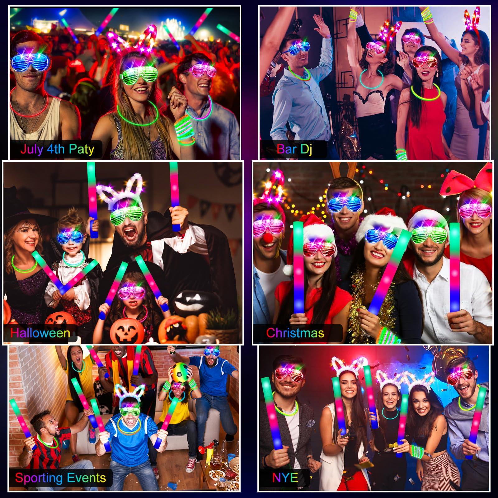 SHQDD 236 PCS Glow in the Dark Party Supplies, Halloween Party Favors, 12PCS 16" Foam Glow Sticks, 12PCS LED Glasses, 12PCS Bunny Ear Headband and 100PCS Glow Sticks for Neon Party for Kids or Adults - Image 6