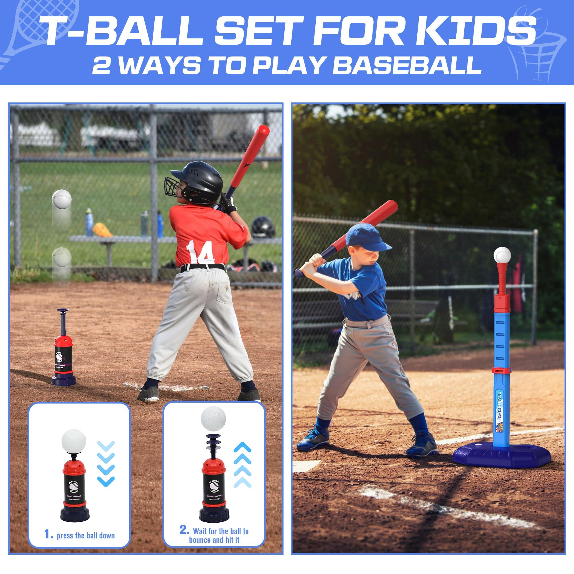 4 in 1 Kids Basketball Hoop and T Ball Set & Ring Toss Game Blue&Pink - Image 4