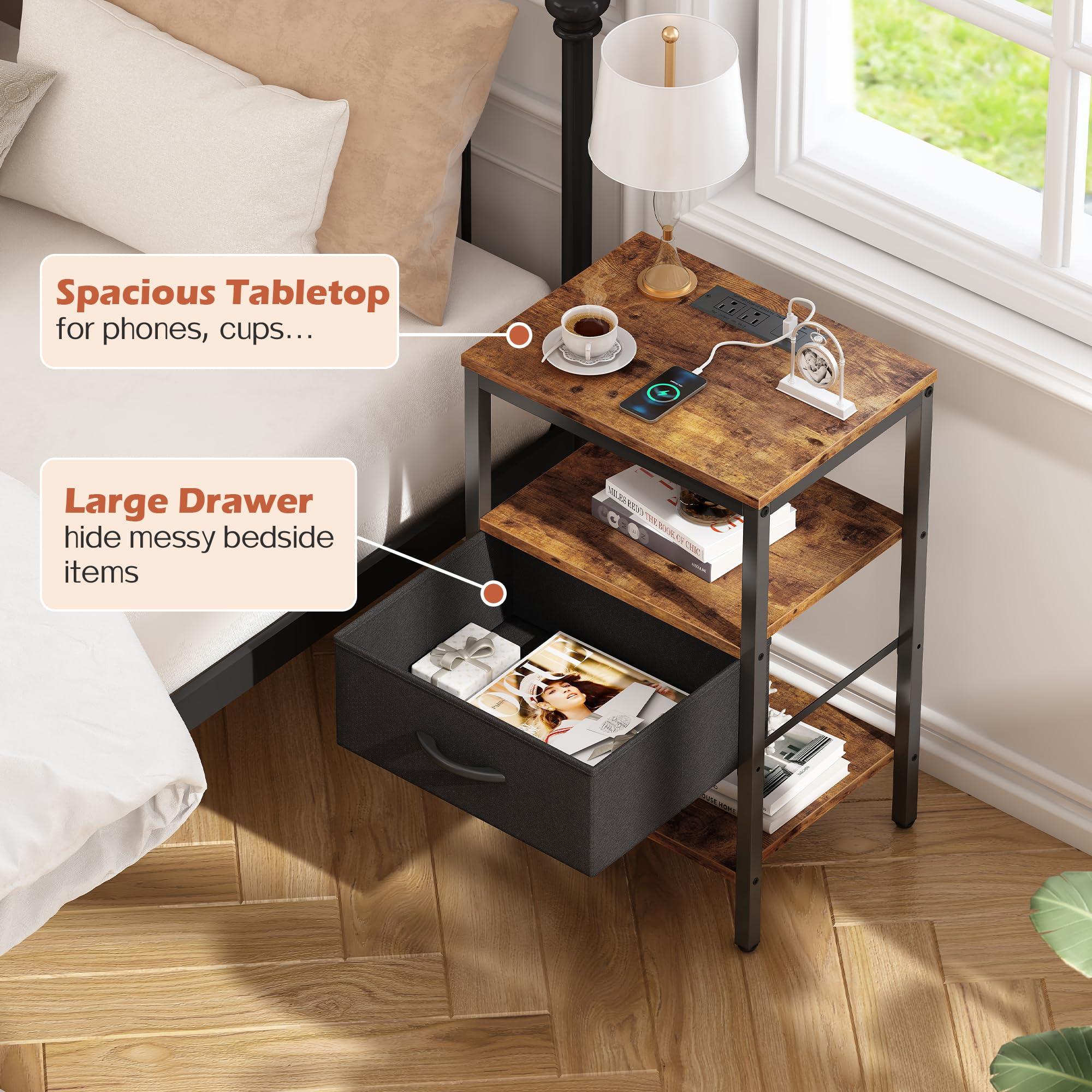 SUPERJARE Nightstand with Charging Station, Bed Side Table with Adjustable Fabric Drawer, Night Stand for Bedroom, 3-Tier Storage End Table, for Living Room, Rustic Brown and Black - Image 8