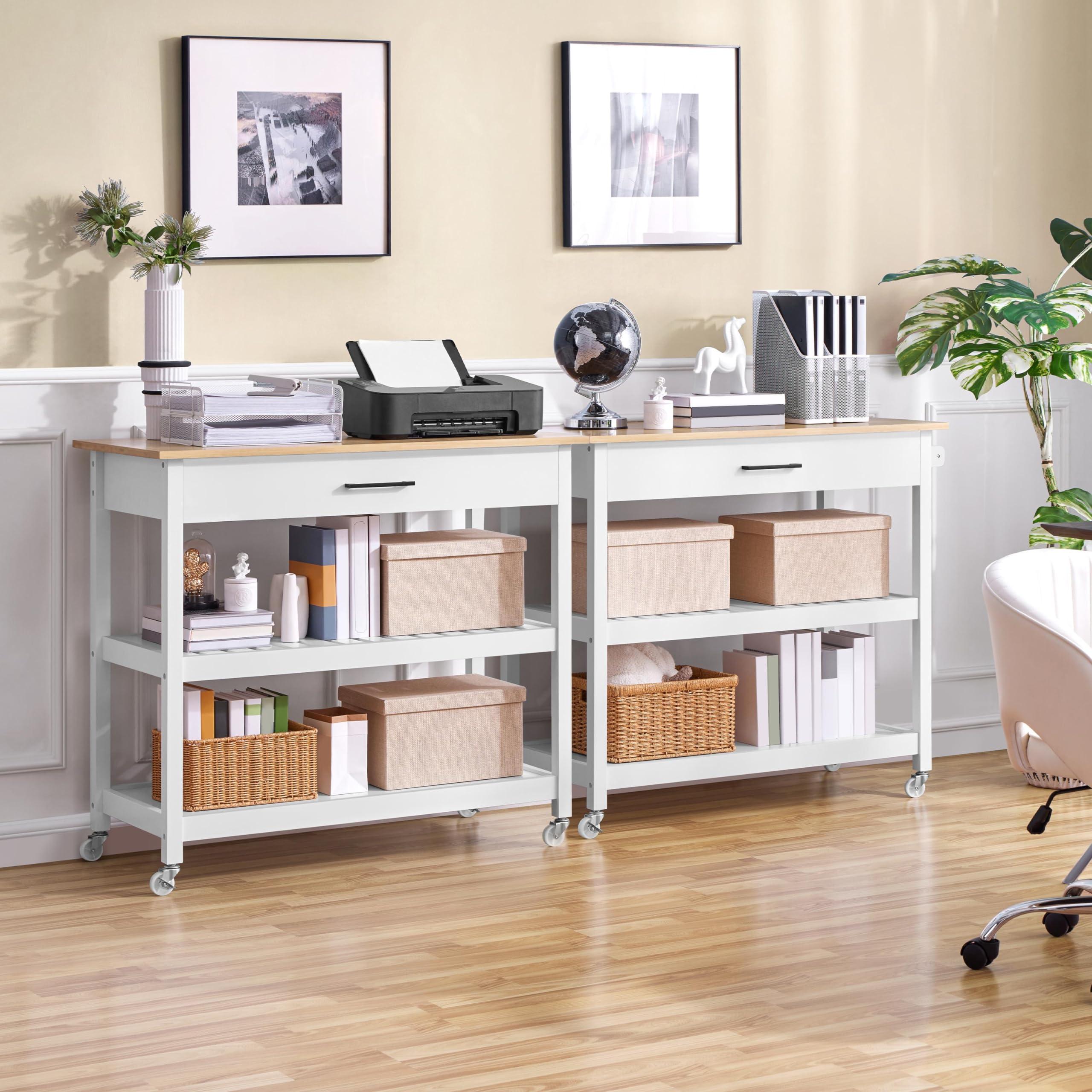 Yaheetech 40" Width Kitchen Island Cart on Wheels, 3 Tiers Rolling Utility Cart with Solid Wood Top and Drawer & 2 Spacious Storage Shelf, Serving Trolley for Dining Room, White - Image 9