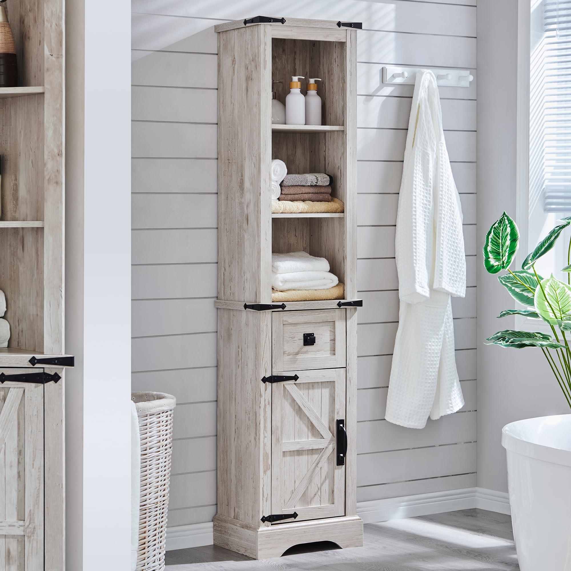 RedLemon Farmhouse Slim Bathroom Storage Cabinet, 68" Tall Storage Cabinet with Drawer & Adjustable Shelves, Rustic Narrow Storage Cabinet for Living Room, Bathroom, Kitchen, Antique Brush White
