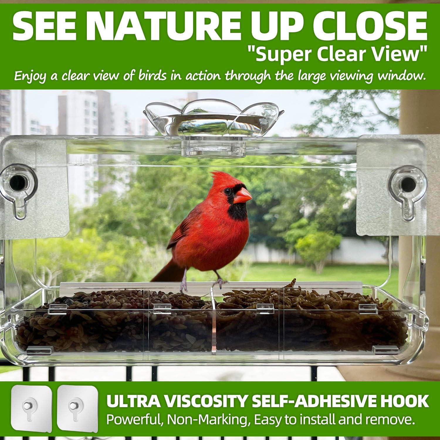 WENMIXER Window Bird Feeder with Non-Marking Self-Adhesive Hooks, Clear and Transparent, Outdoor Wild Bird Watching Gift, Garden Decor - Image 3