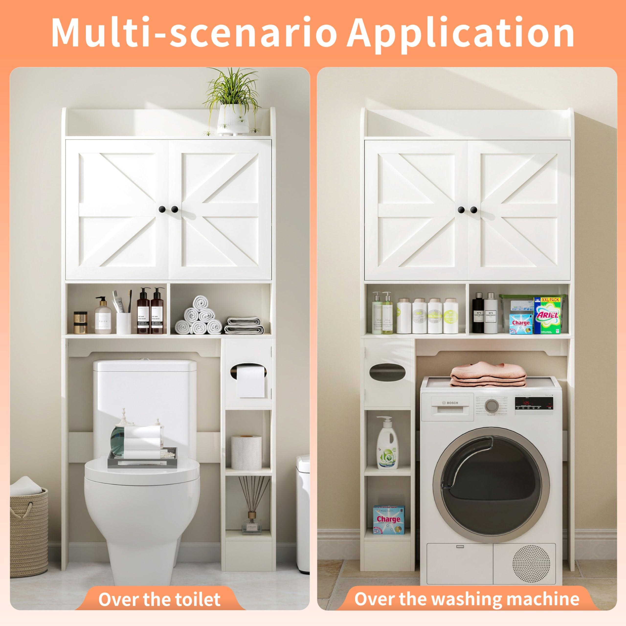 MUUEGM Over The Toilet Storage Cabinet with Barn Doors, White Bathroom Organizer Shelf, Tall Bathroom Storage Cabinet with Toilet Paper Holder, Above Toilet Cabinet for Restroom, Laundry - Image 8