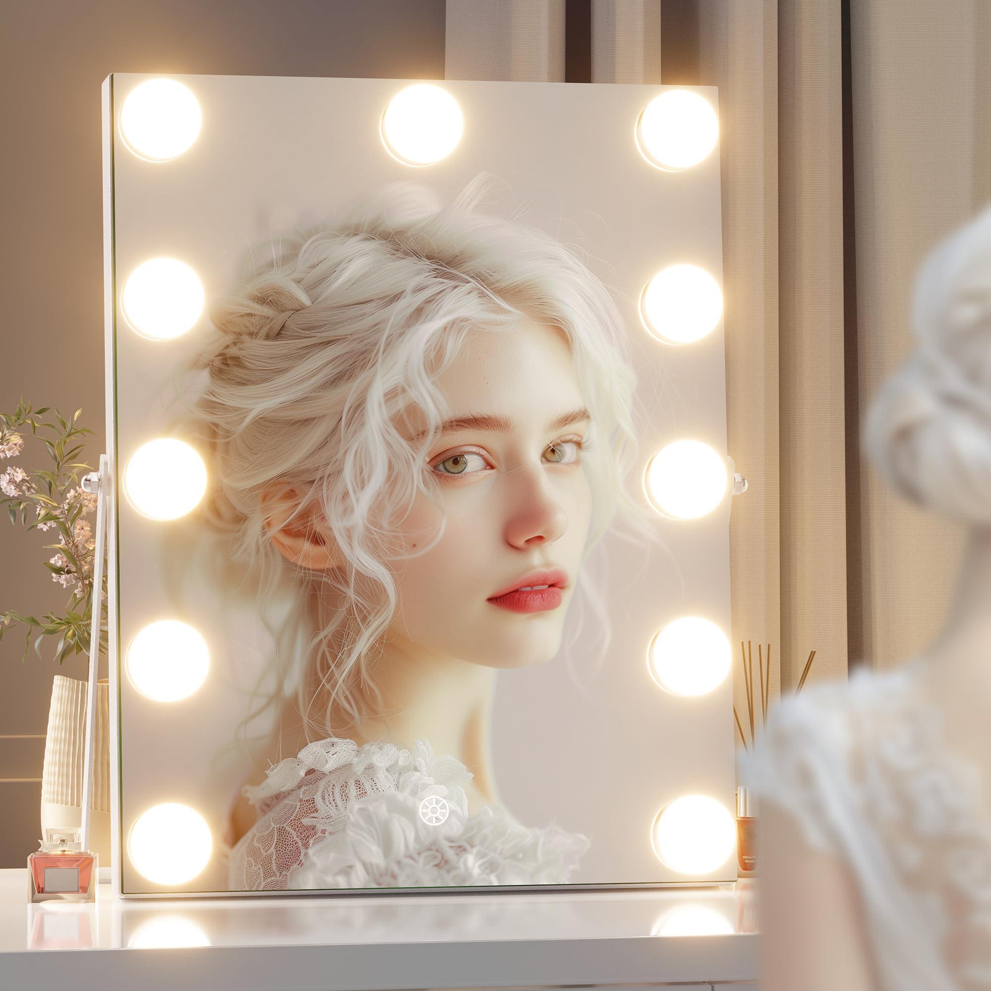 Hasipu Vanity Mirror with Lights, 11" x 14" Hollywood Mirror, Makeup Mirror with 11 Dimmable Bulbs and 10X Magnification, 3 Colors Modes, Touch Control, USB Charging Port, 360° Rotation, White - Image 8