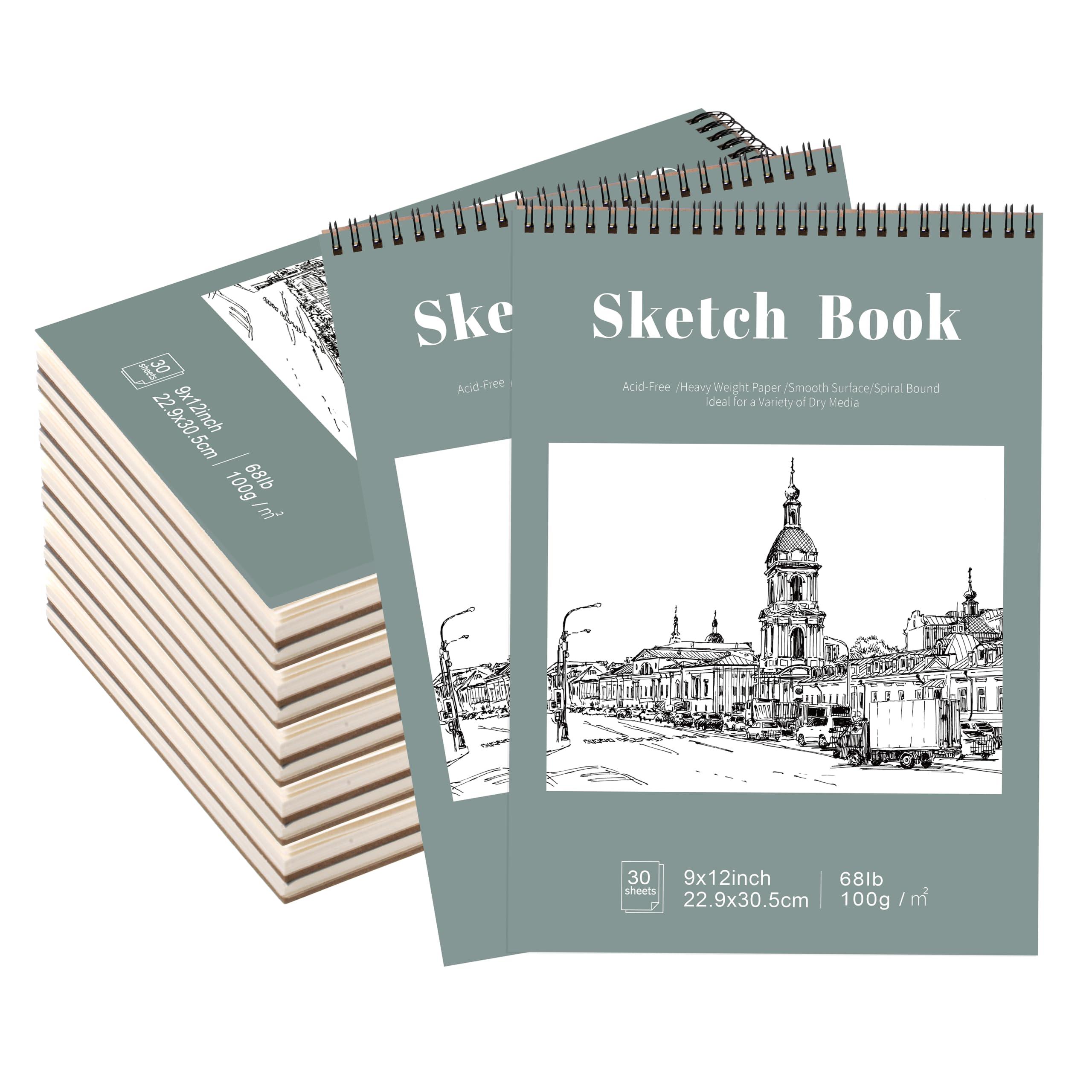 12 Pack Sketch Book, 9 x 12 Inch Sketchbook, 68lb/100gsm Top Spiral Bound Sketch Pad, Acid Free Art Supplies Drawing Painting Sketching Paper for Kids, Adults, Beginners, Artists (30 Sheets Each)