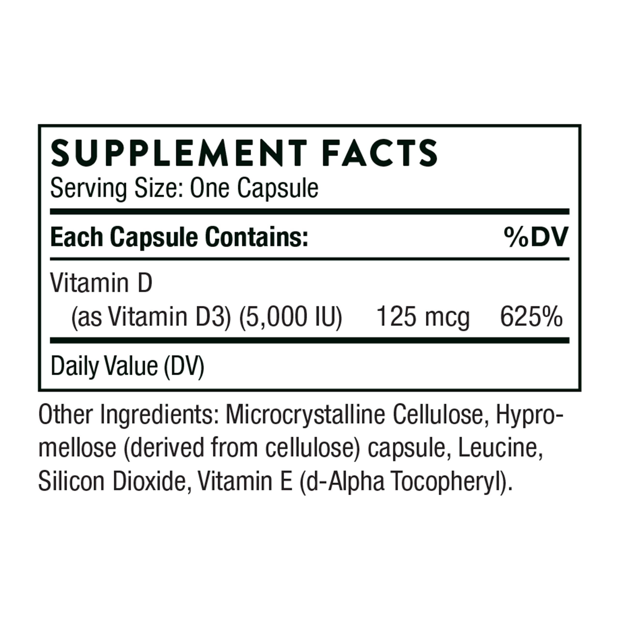 THORNE Vitamin D-5000 - Vitamin D3 Supplement - Support Healthy Bones, Teeth, Muscles, Cardiovascular, and Immune Function* - NSF Certified for Sport - Dairy-Free, Soy-Free - 60 Capsules - Image 2