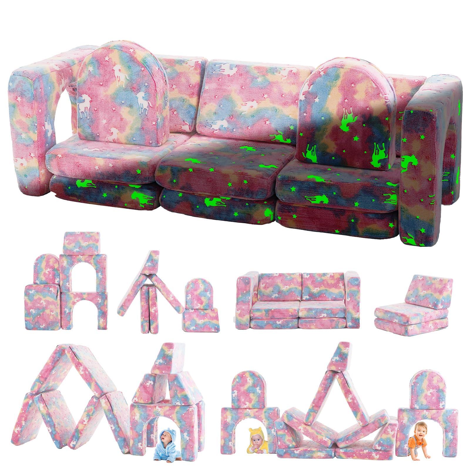 Kids Couch 13PCS, Modular Kids Play Couch for Playroom Bedroom, 13 in 1 Multifunctional Kid Sofa for Playing, Creativing, Sleeping, Indoor Toddler Couches for Boys and Girls (Glowing Unicorn Pink)