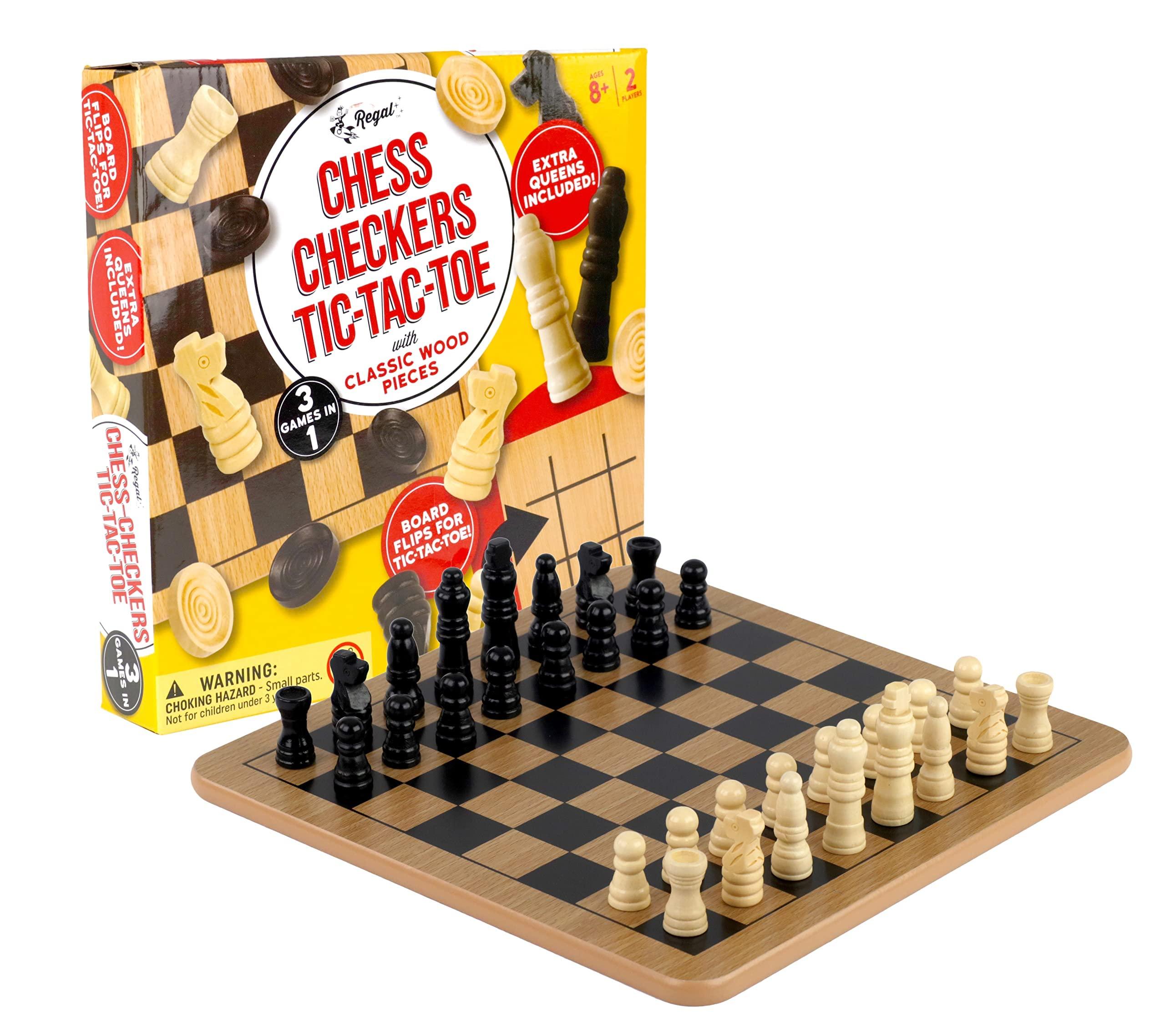 Regal Games - Reversible Wooden Board for Chess, Checkers & Tic-Tac-Toe - 24 Interlocking Wooden Checkers and 32 Standard Chess Pieces - for Age 8 to Adult for Family Fun - Image 2