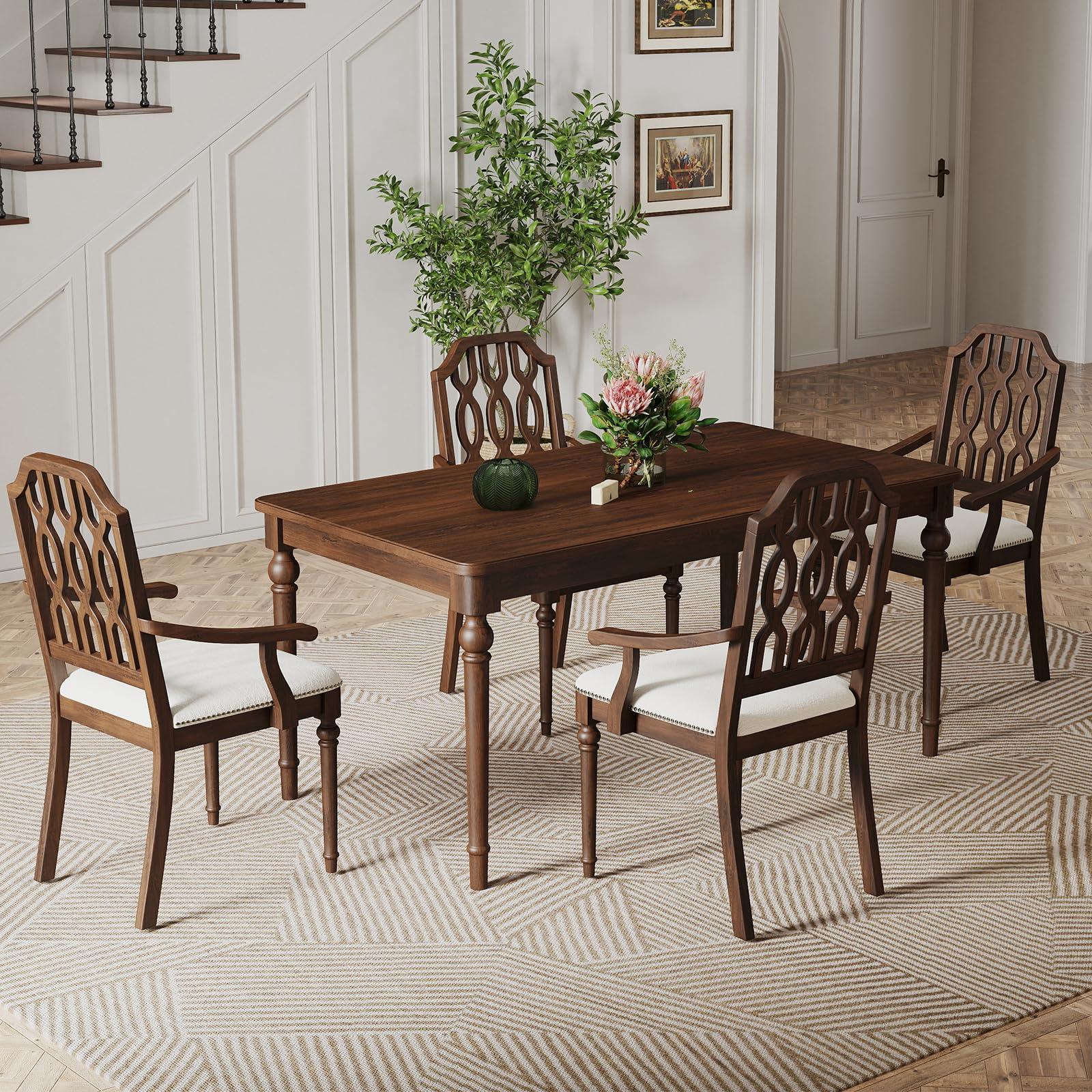 Kmax Dining Chairs Set of 4 Light Luxury Carving Craft Dining Room Chair with Brown Wood Frame Upholstered Seat Arm Chair with Lattice Back for Kitchen, White Chenille - Image 3