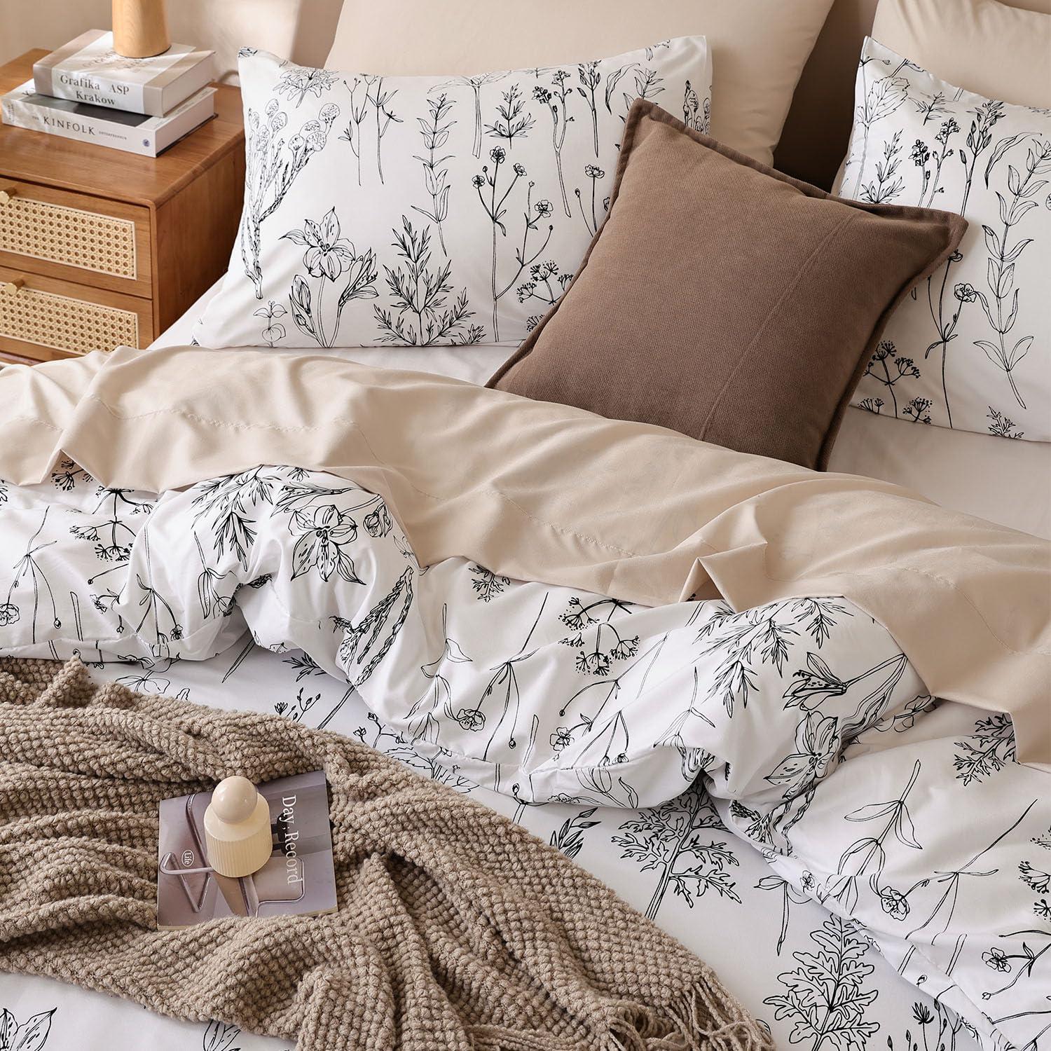 JANZAA Queen Comforter Set White Comforter Floral Bedding Sets 3 Pieces Flowers Bed Comforter 1 Soft Reversible Cute Botanical with 2 Pillow Shams - Image 4