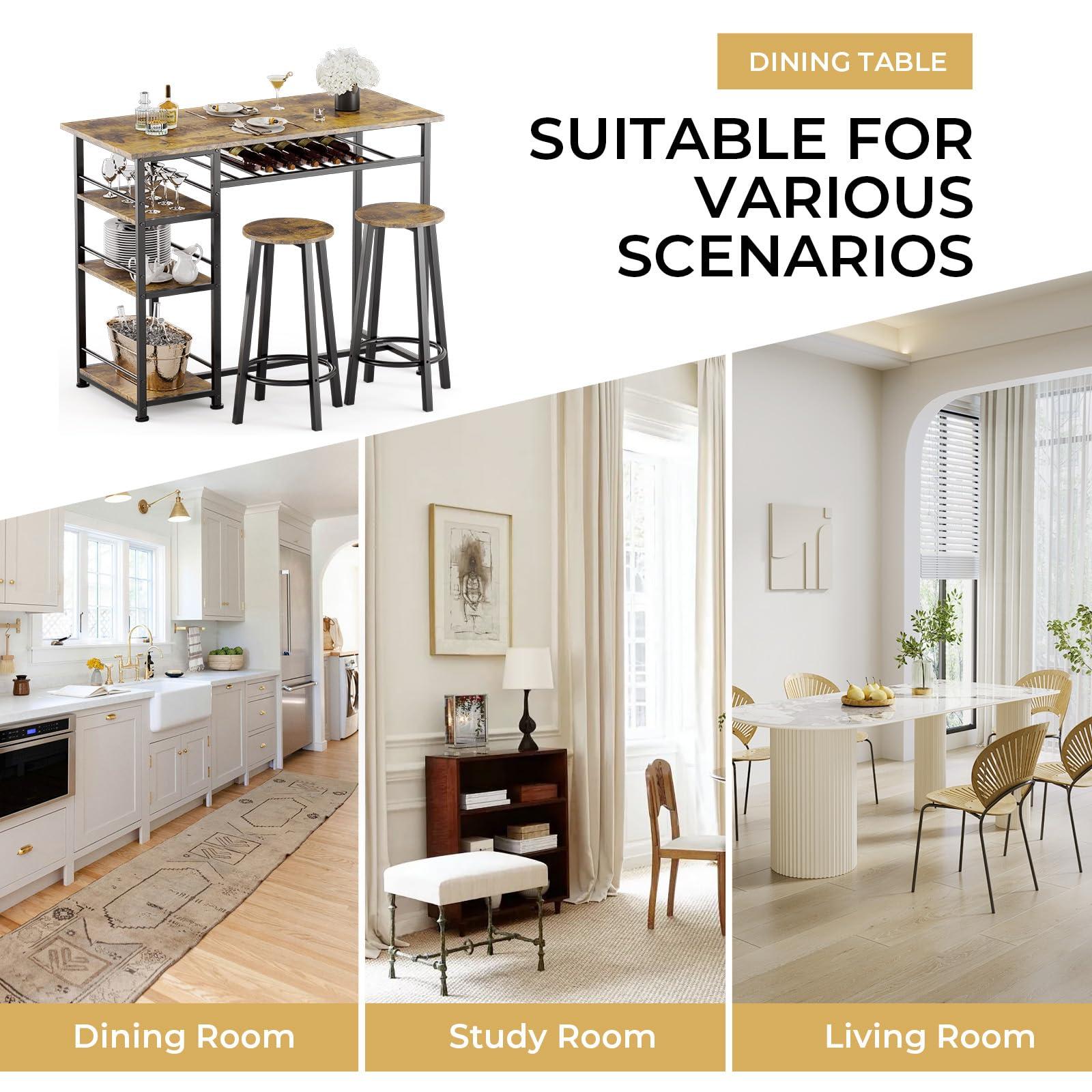 COMHOMA Dining Table Set for 2, Counter Height Kitchen Table and Chairs with Storage Shelves & Wine Rack, Bar Table Set with 2 Bar Stools, 3 Piece Dining Room Table Set for Small Space, Retro Brown - Image 7
