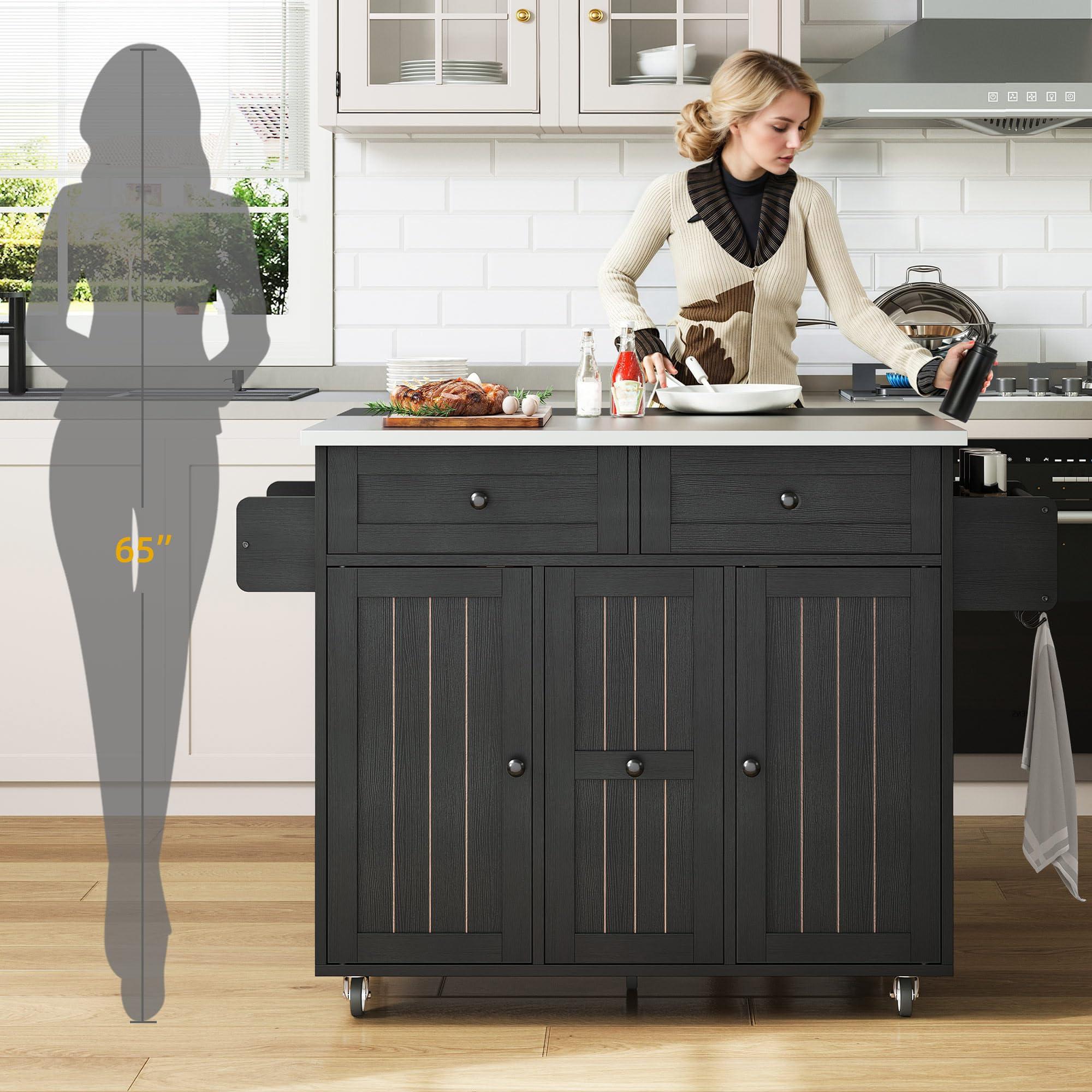 DWVO Kitchen Island on Wheels, Mobile Kitchen Island Cart with Folding Drop Leaf Breakfast Bar, Island Table for Kitchen with Large Storage Cabinets, Racks, Drawers and Adjustable Shelves, Black - Image 6