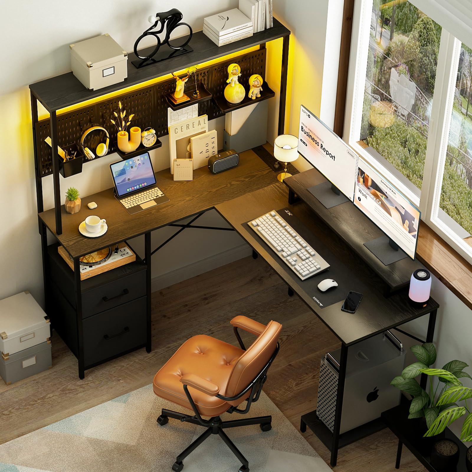 Yoobure L Shaped Desk with Pegboard, Reversible Computer Desk with Drawers & Storage Shelves, Gaming Desk with LED Lights & Power Outlets, Office Desk with Monitor Stand Corner Desk Home Office Desks