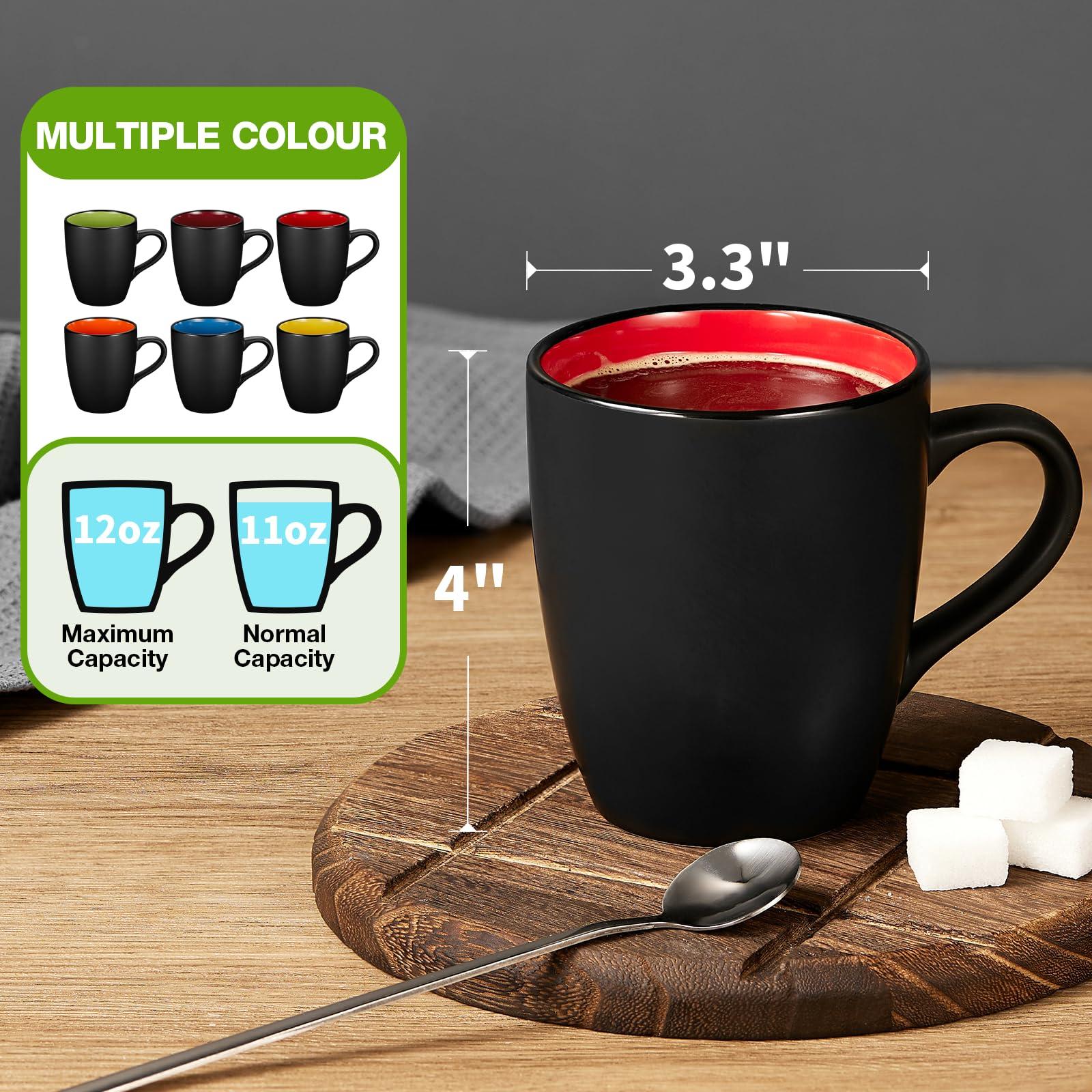 Qipecedm 6 Pack Porcelain Coffee Mugs Set, 12 Ounces Ceramic Coffee Mugs, Matte Black Coffee Mug, Restaurant Cups for Coffee, Tea, Cappuccino, Cocoa, Cereal, Black outside and Colorful inside - Image 3