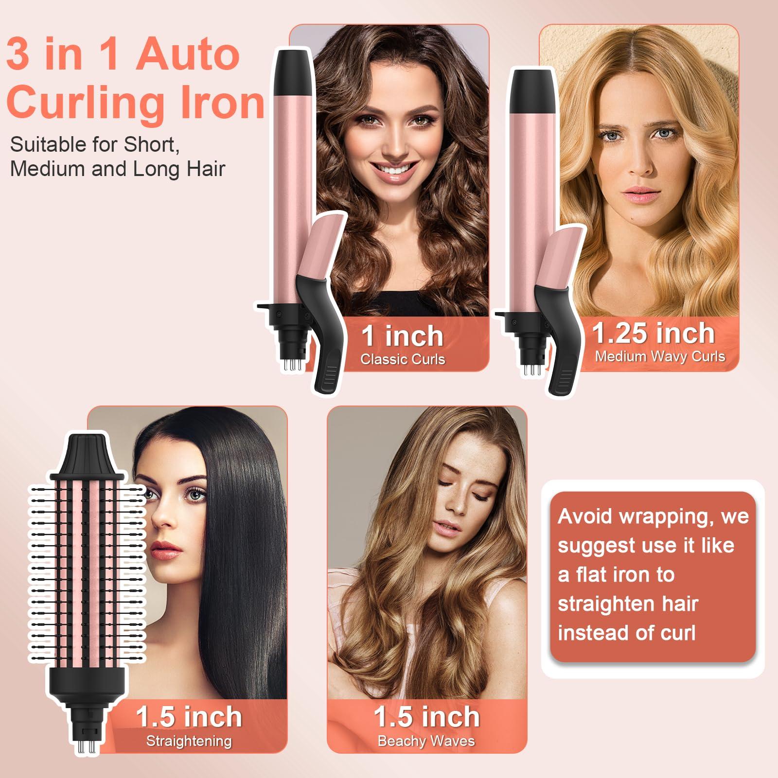 Automatic Rotating Curling Iron, 3 in 1 Thermal Brush Set 1-1 1/2 Inch, Auto Hair Curler with 3 Temps, 100 Million Ionic, Travel Dual Voltage Self Curling Wand for Beach Waves, Ceramic Coating - Image 2