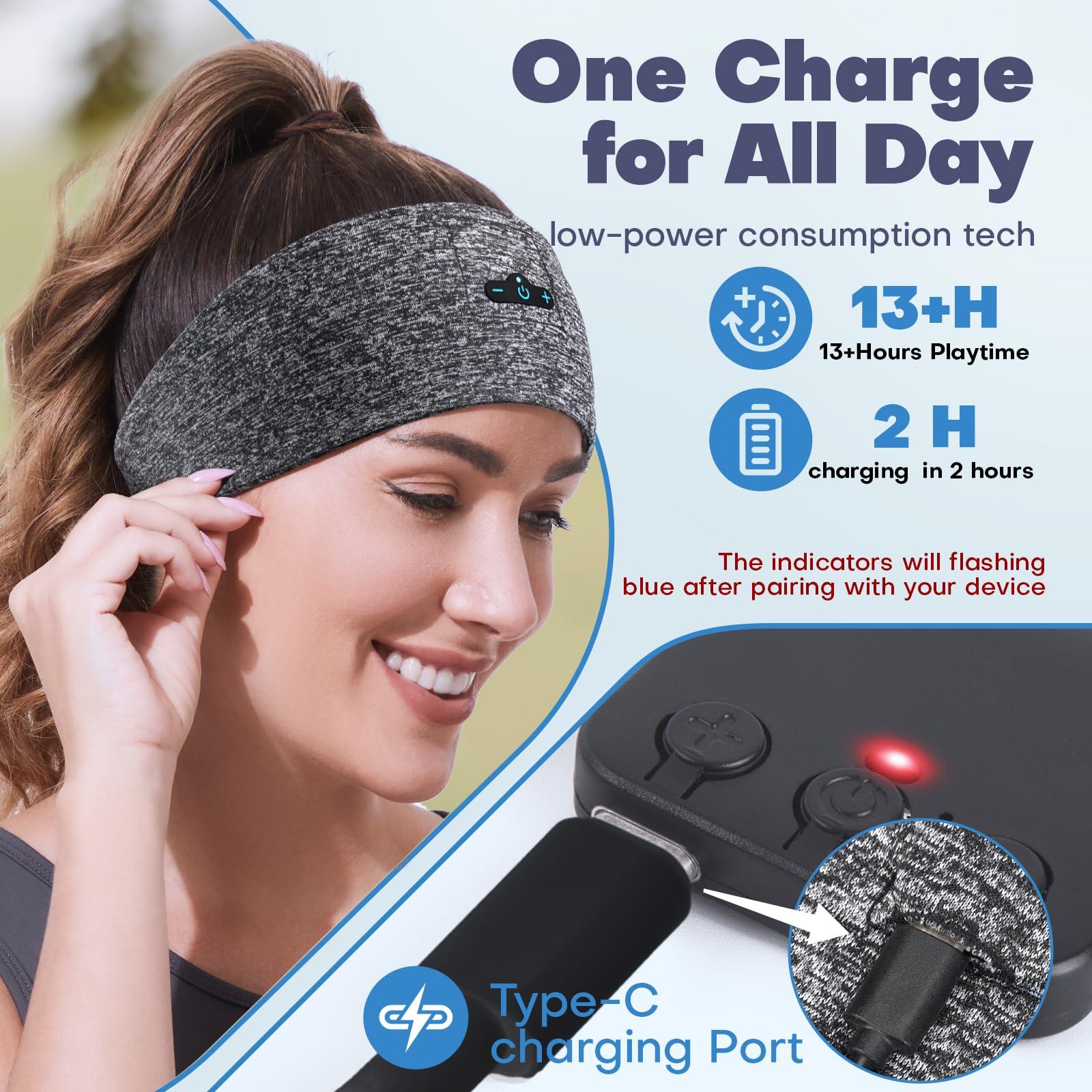 Headband Headphones Bluetooth 5.2 Headband for Side Sleeper, 14 Hour Playtime, Wireless Headband with HD Stereo Speakers for Workout,Running,Yoga, Ideal Gifts for Men, Women, Teens, Grey - Image 2