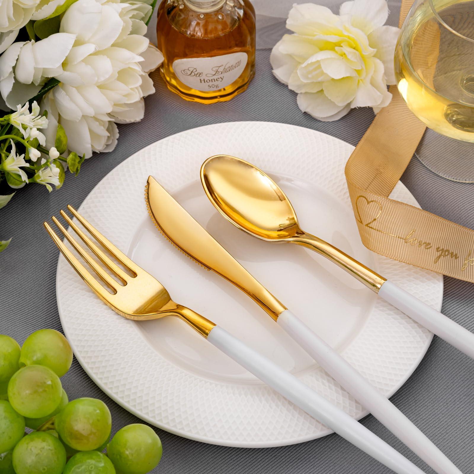 SUT Gold Plastic Silverware, 160Pcs Gold Utensils Set Disposable, 80 Gold Plastic Forks, 40 Gold Knives, 40 Gold Spoons, Gold Plastic Cutlery for Parties, Dinners, Weddings(White Gold) - Image 6