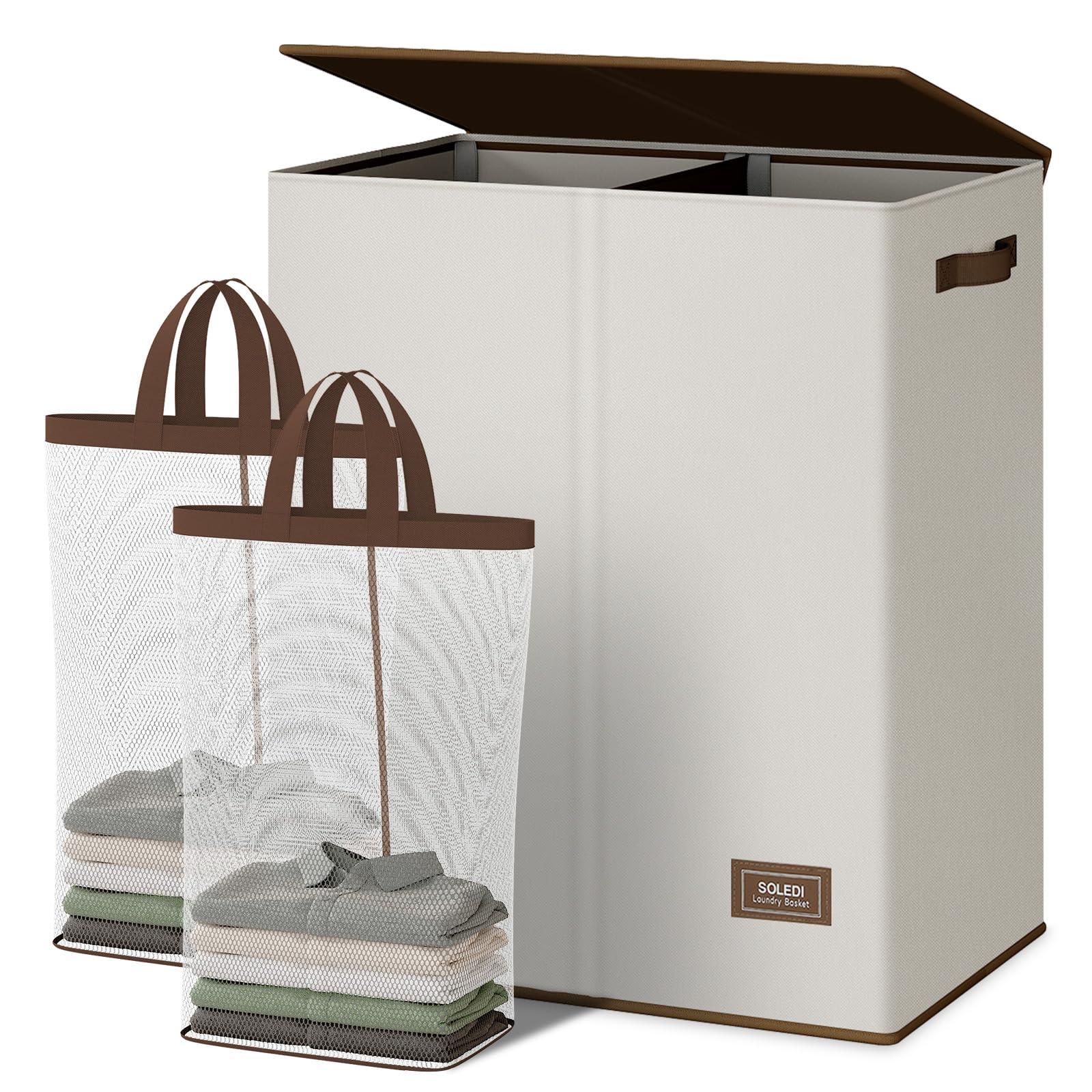 SOLEDI Luxury Double Laundry Hamper with Lid and Removable Bags, Large Hamper for Laundry, Laundry Basket 2 Sections, Collapsible Ditry Clothes Hamper for Bedroom, Laundry Room, Bathroom, Off-white