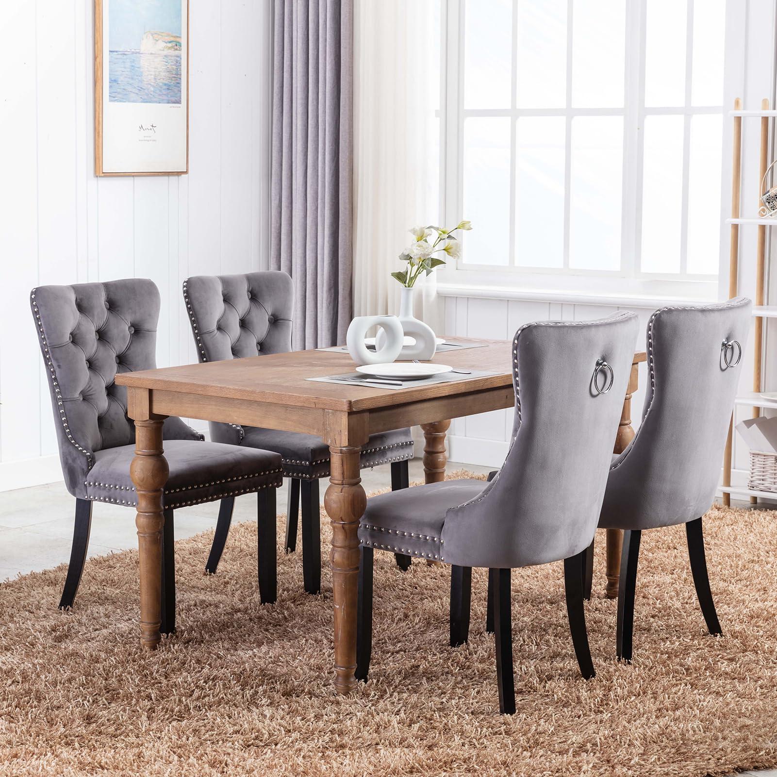 Hixkol Velvet Dining Chairs Set of 4,Upholstered Dining Chairs with Ring Pull Trim and Button Back,Modern Seating for Kitchen, Bedroom & Living Room(Grey) - Image 2