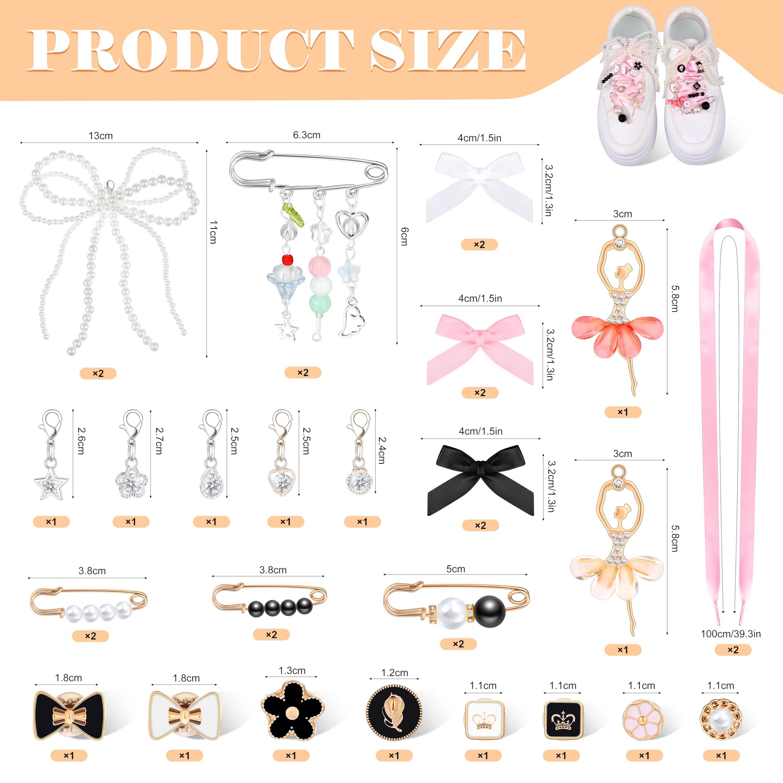 MJOGGOTT 34 Pcs Shoe Charms for Sneakers, Junk Socks Charms, DIY Shoe Lace Charm for Women with Ribbon Lace Shoelaces Contain Bows/Clips/Pins/Jewelry/Pearls Shoe Charm for Clothes, Hats Decoratin - Image 2