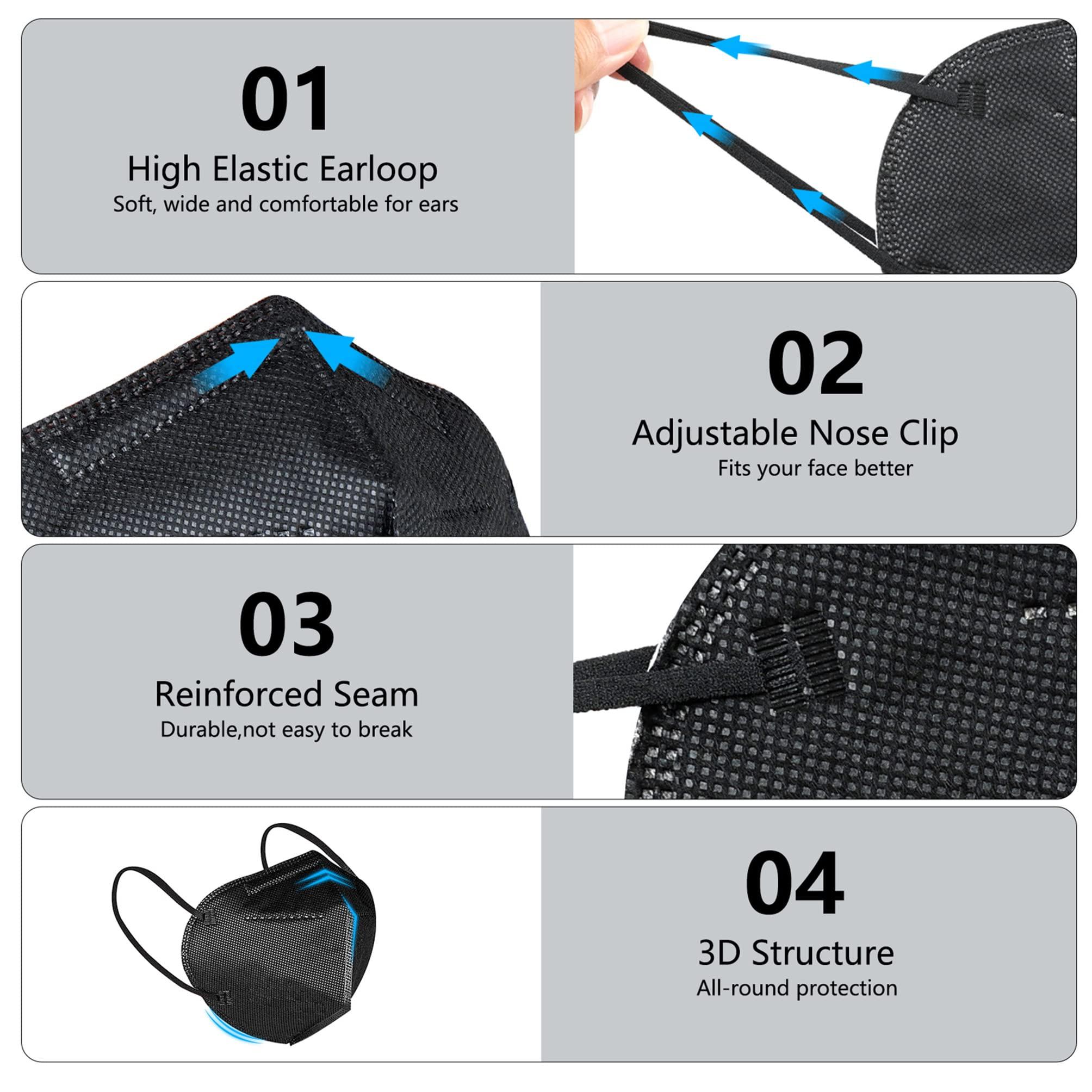 akgk KN95 Face Mask 50 PCS, Breathable Protection Masks, Individually Wrapped, 5-Ply KN95 Black Masks, Cup Dust Safety Masks - Image 4