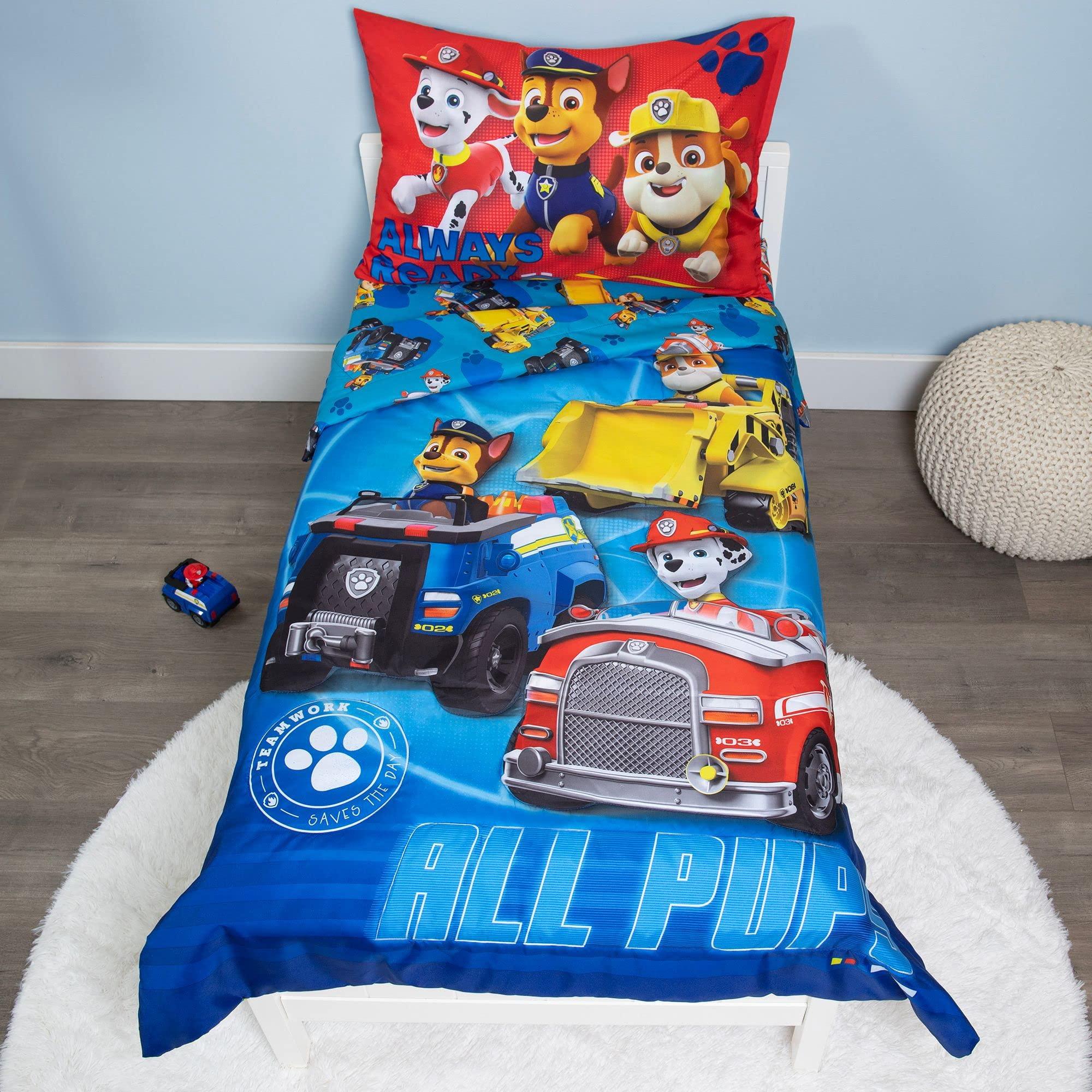 Paw Patrol Calling All Pups 4 Piece Toddler Bedding Set – Includes Comforter, Sheet Set – Fitted + Top Sheet + Reversible Pillowcase for Boys Bed, Blue - Image 2