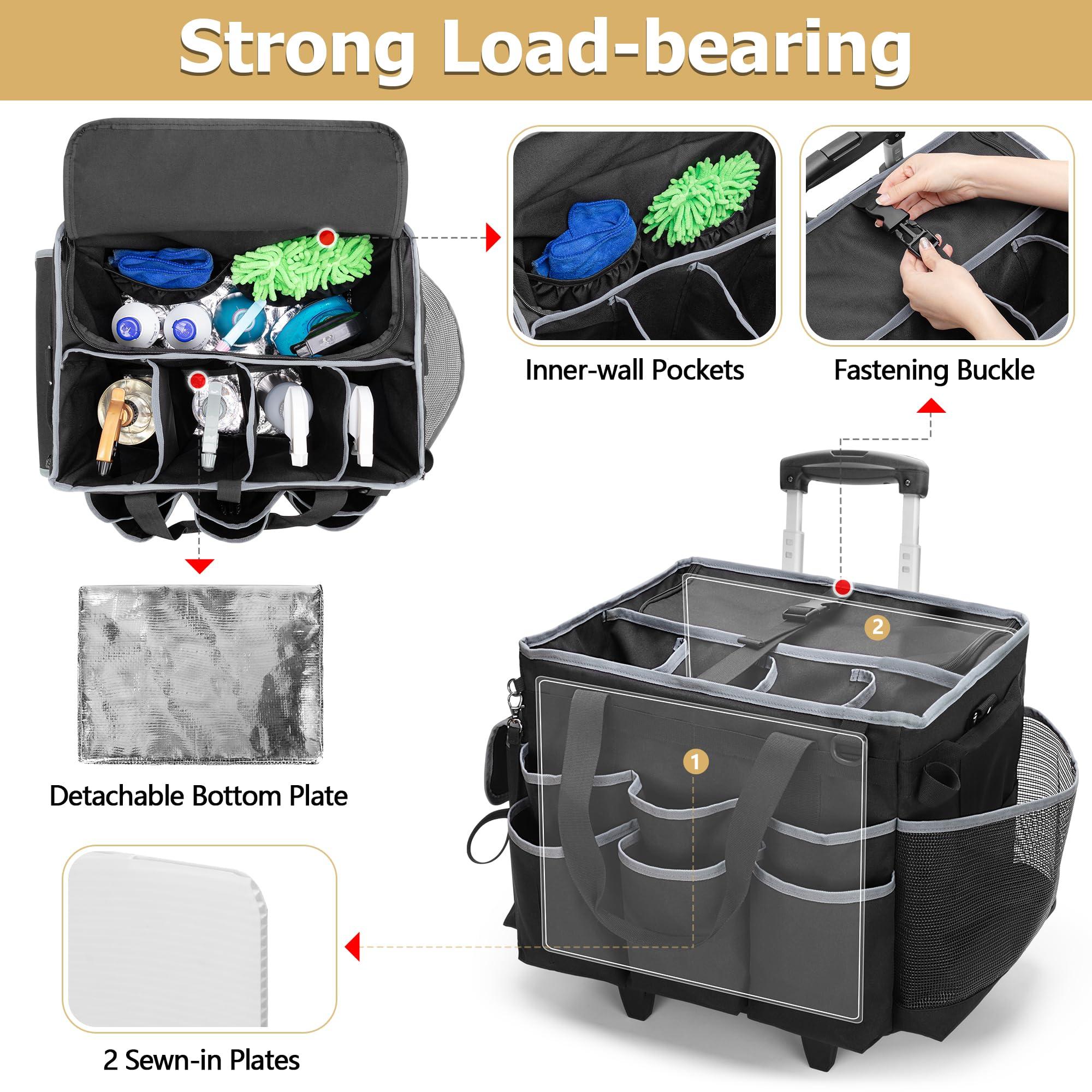 HODRANT Large Cleaning Caddy with Detachable Trolley & Shoulder Strap, Cleaning Supplies Bag with Handles & Support Plates, Cleaning Product Rolling Organizer for Car Wash and Housekeeping - Image 3