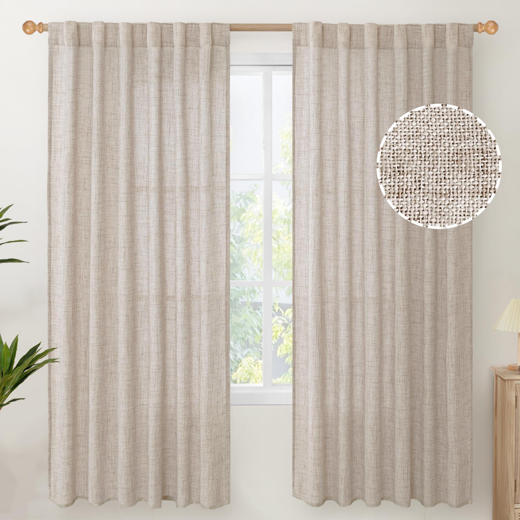 YoungsTex Natural Linen Curtains 72 Inch Length 2 Panels for Living Room - Semi Sheer Drapes Light Filtering with Rod Pocket Beige Window Treatments for Bedroom Dining Rustic Back Tab, 52 X 72 Inch
