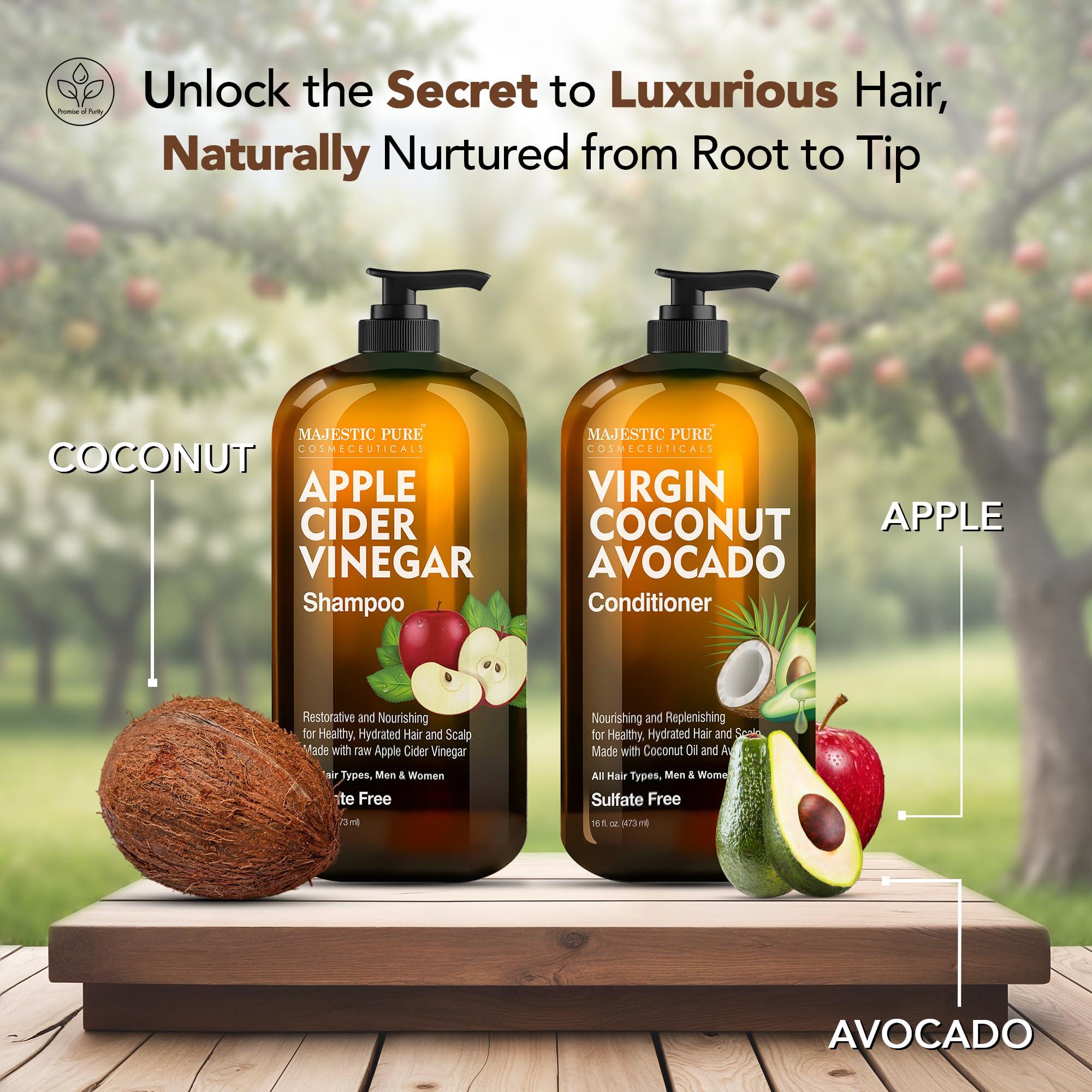 MAJESTIC PURE Apple Cider Vinegar Shampoo and Avocado Coconut Conditioner Set - Restores Shine & Reduces Itchy Scalp, Dandruff & Frizz - Sulfate Free, for All Hair Types, Men and Women - 2 x 16 fl oz - Image 2
