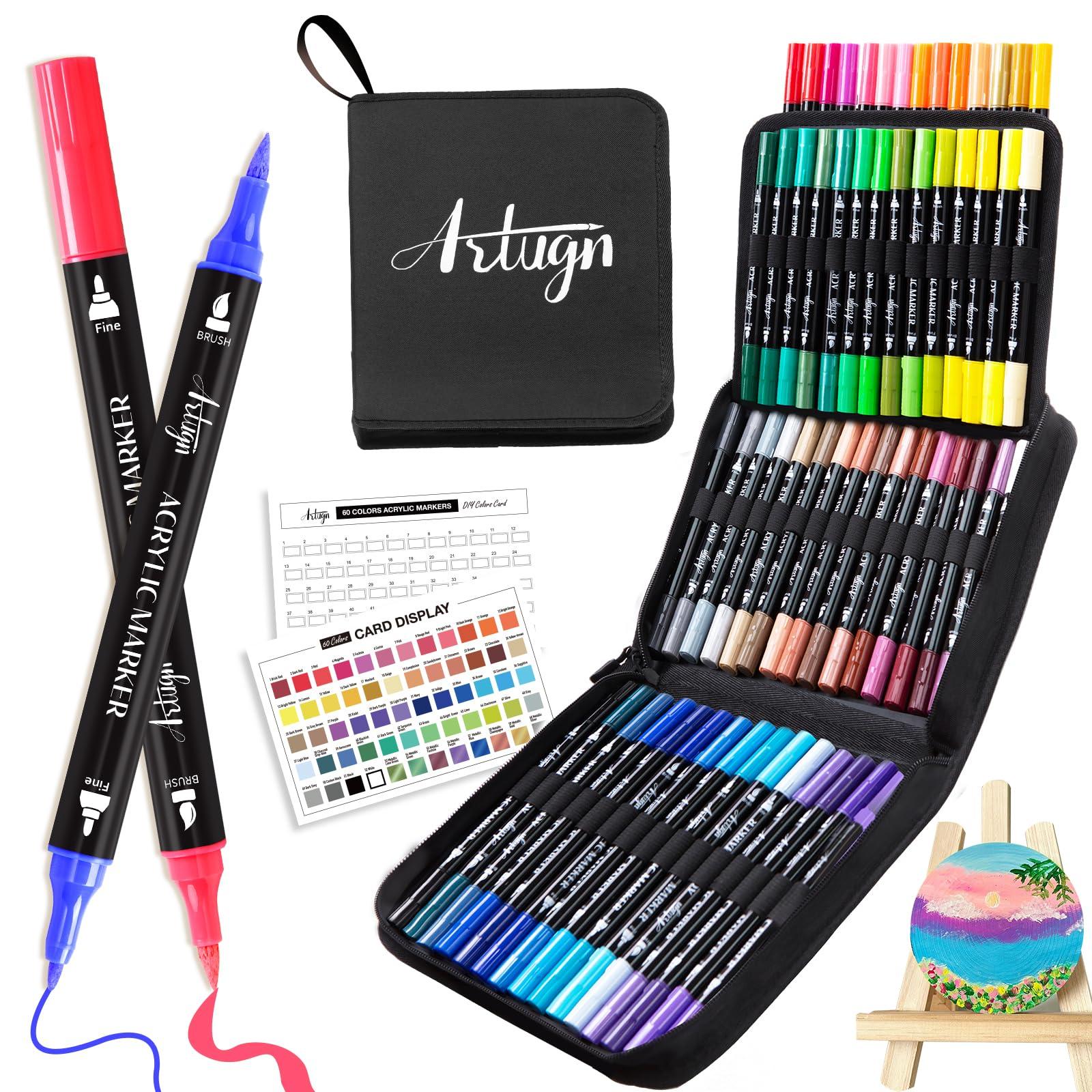 60 Colors Acrylic Paint Pens, Dual Tip Pens With Fine Tip and Brush Tip for Rock Painting, Ceramic, Wood, Plastic, Calligraphy, Scrapbooking, Brush Lettering, Card Making, DIY Crafts