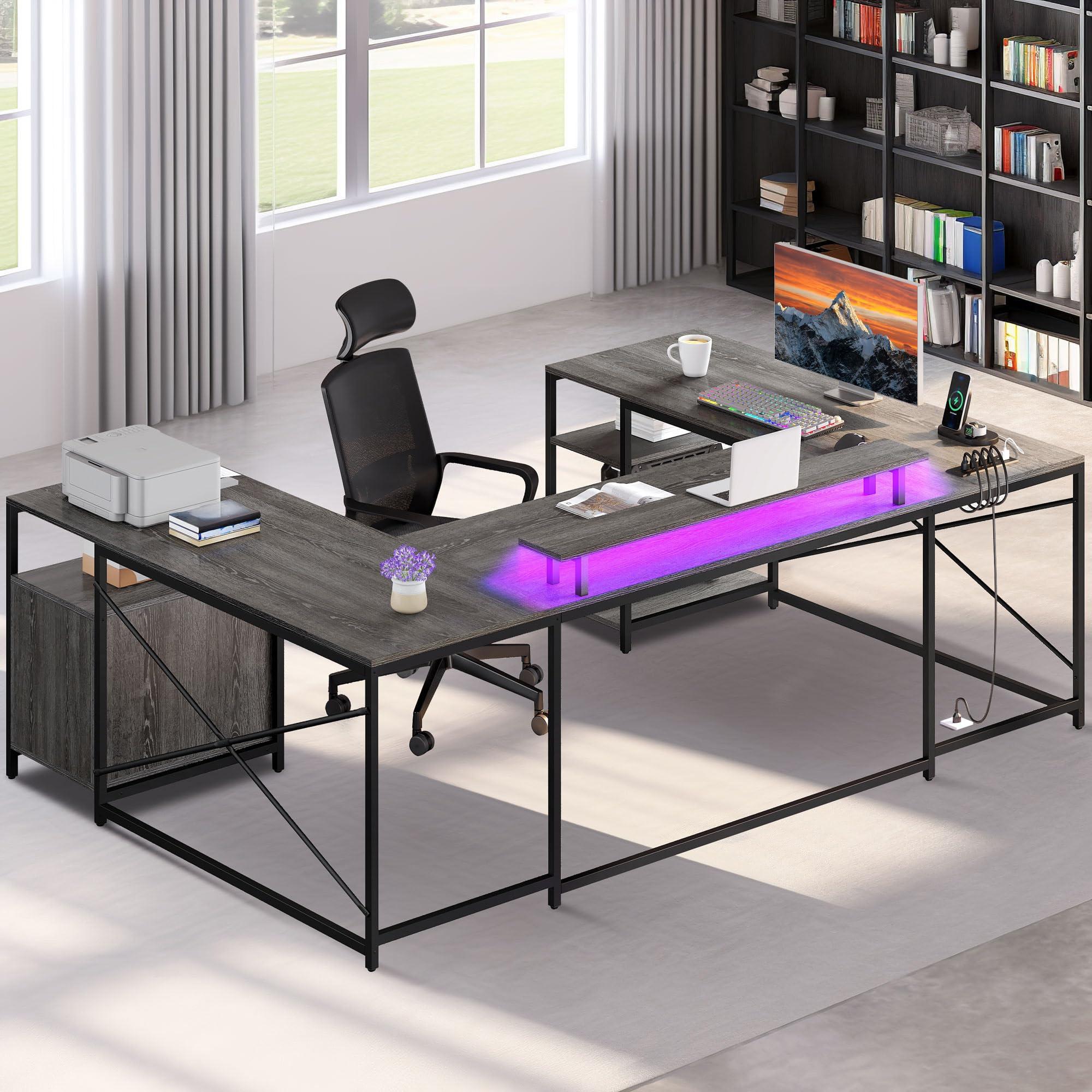 DWVO U Shaped Desk with Drawers, 79" Reversible L Shaped Desk with Power Outlets & LED Lights, Corner Computer Desk with Monitor Stand & Storage Shelves, Grey - Image 5
