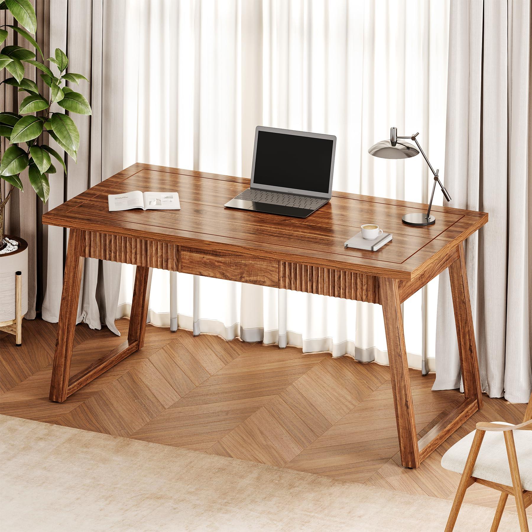 LITTLE TREE 55-Inch Home Office Desk with Drawer, Modern Minimalist Style Wooden Simple Study Writing Table, Mid-Century Log Executive Desk, Computer Desk, PC Laptop Desk Workstation, Walnut Brown - Image 4