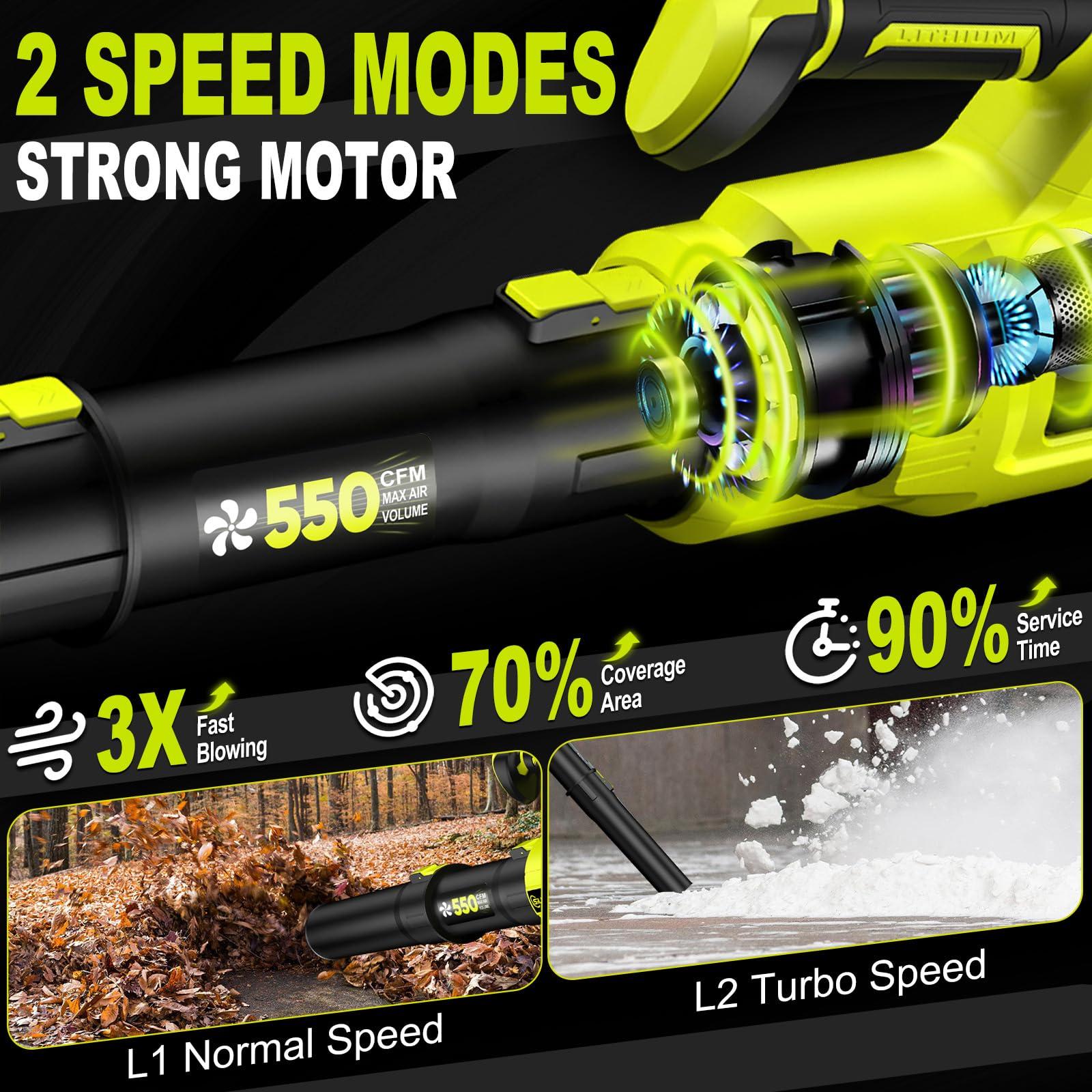 Cordless Leaf Blower, 550CFM (160MPH) Brushless Turbo Blower, 24V High Power Battery Powered Leaf Blowers with 2x4.0Ah Battery & Charger, Electric Blowers Variable Speeds for Lawn&Garden (RyobiGreen) - Image 5