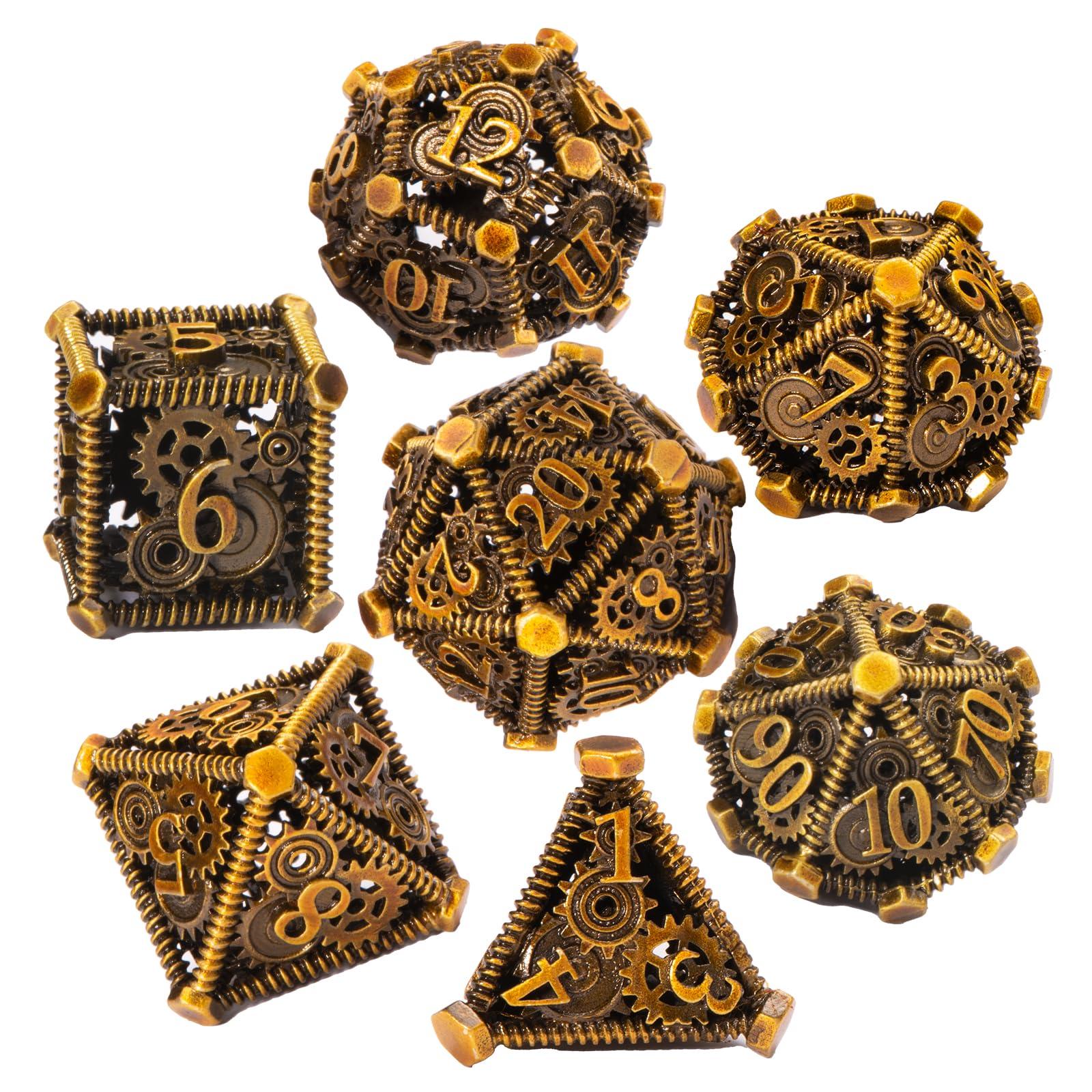 DND Metal Dice Set, UBEUCK 7PCS Gear Metal DND Dice Set for Dungeons & Dragons Board Games Boxes (Gear Ancient Golden)