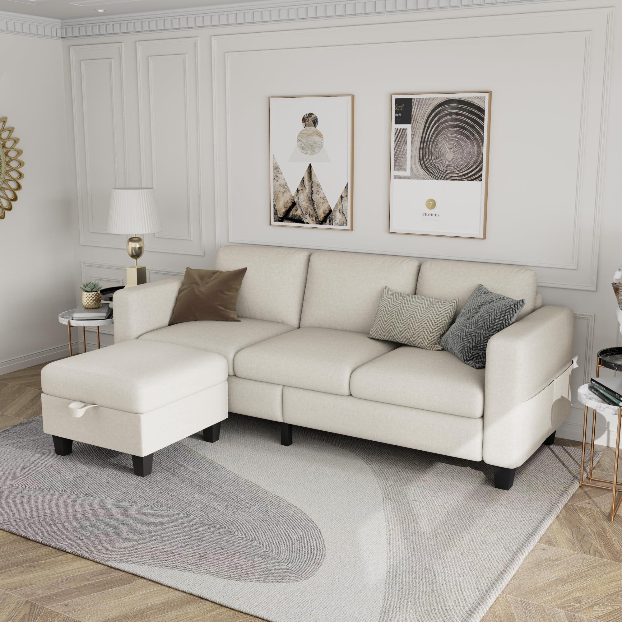 Clotius Sectional Sofa Couches for Living Room - L Shaped Cloud Couch-Small Modular 3 Seat-Comfy Linen with Storage Deep Seat Sofa,Washable Covers-Suitable for Living Room-Apartment-Office-Beige - Image 4