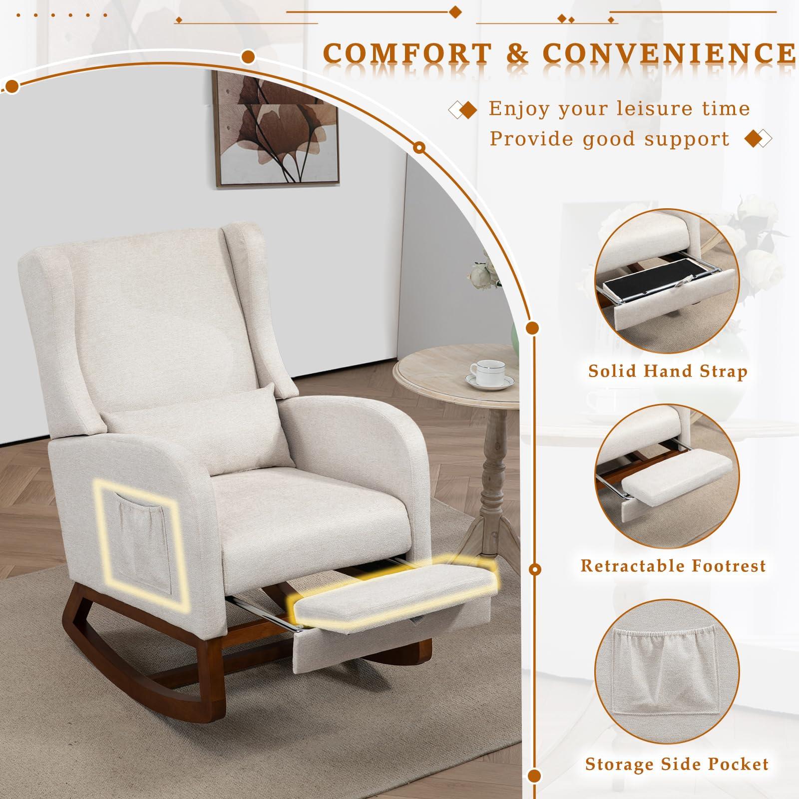 Modern Rocking Chair Nursery Glider, Comfy Rocker Nursery Chair with Foot Rest, Accent Reading Armchair with Pillow and Pocket, Upholstered Lounge Rocker with Solid Wood Base for Relaxing (Beige) - Image 4
