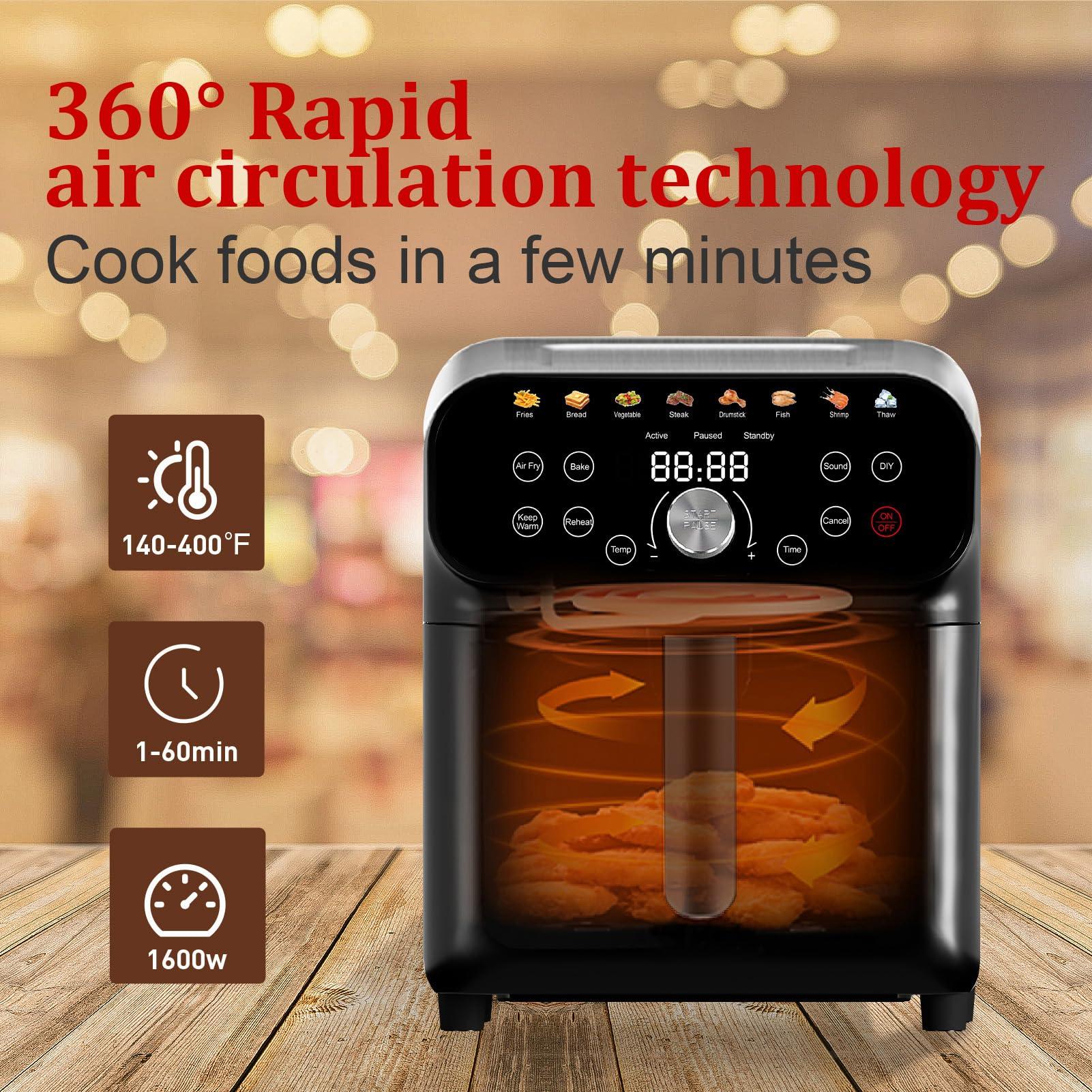 WHUTO 6QT Air Fryer Oven with LED Digital Touchscreen, 12 Preset Cooking Functions Air fryers, Bake, Reheat, Keep Warm, Nonstick and Dishwasher-Safe Basket, Stainless Steel/Black - Image 3