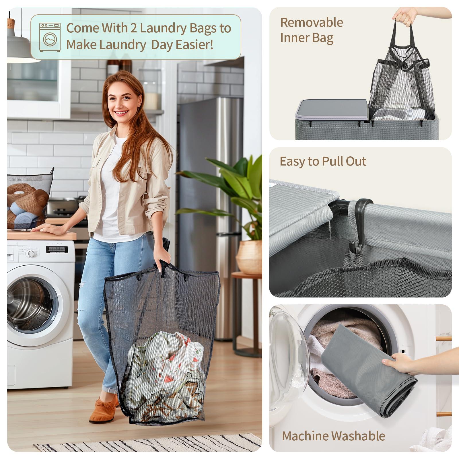 Yecaye 150L Laundry Hamper with Wheels, Rolling Laundry Basket with Lid and 2 Removable Laundry Bag, Large Capacity 2 Section Clothes Hampers for Laundry Room, Bedroom, Bathroom, Dorm, Grey - Image 7