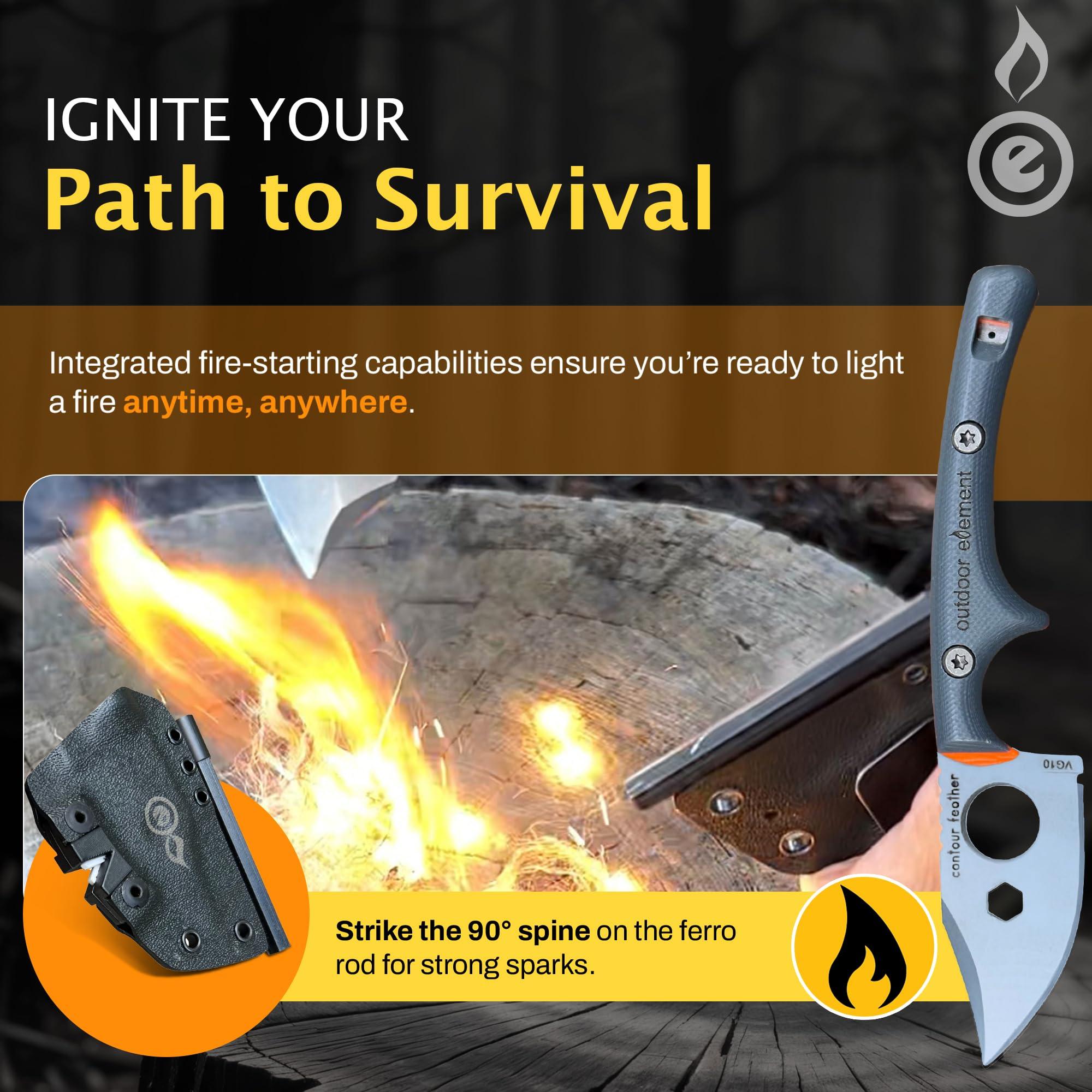 OUTDOOR ELEMENT Contour Feather Adventure Survival Knife - Fixed Blade, Hunting, Camping Knife with Fire Starter, Sharpener, Whistle, Hex Driver, Sheath - Full Tang, VG10 Steel, Belt Clip - Image 4